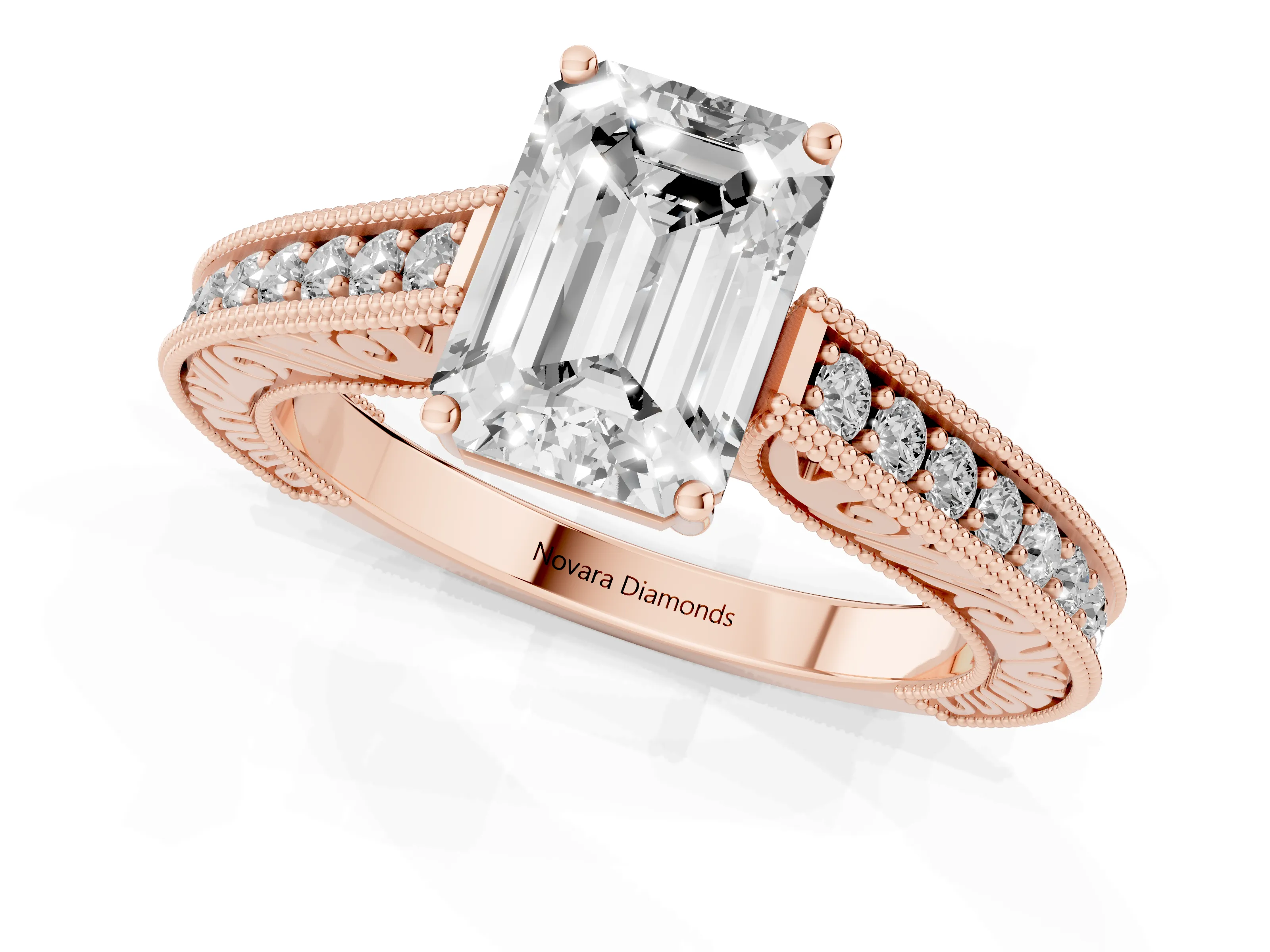 Emerald Cut Diamond Milgrain Pavé Band Solitaire Ring Set in Rose gold with Prong Setting