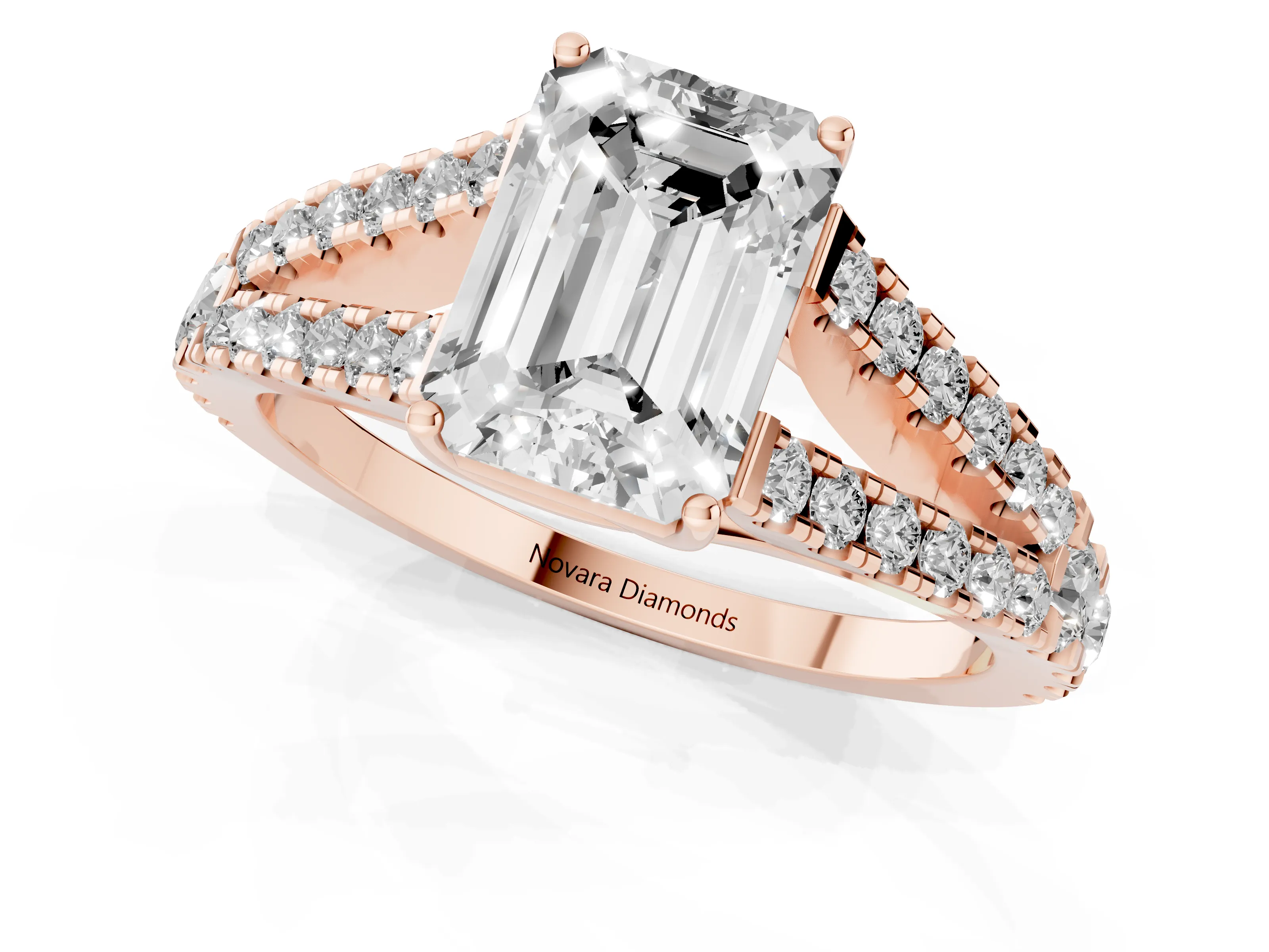 Emerald Cut Diamond Split Shank Pavé Engagement Ring Set in Rose gold with Prong-Held Center Stone