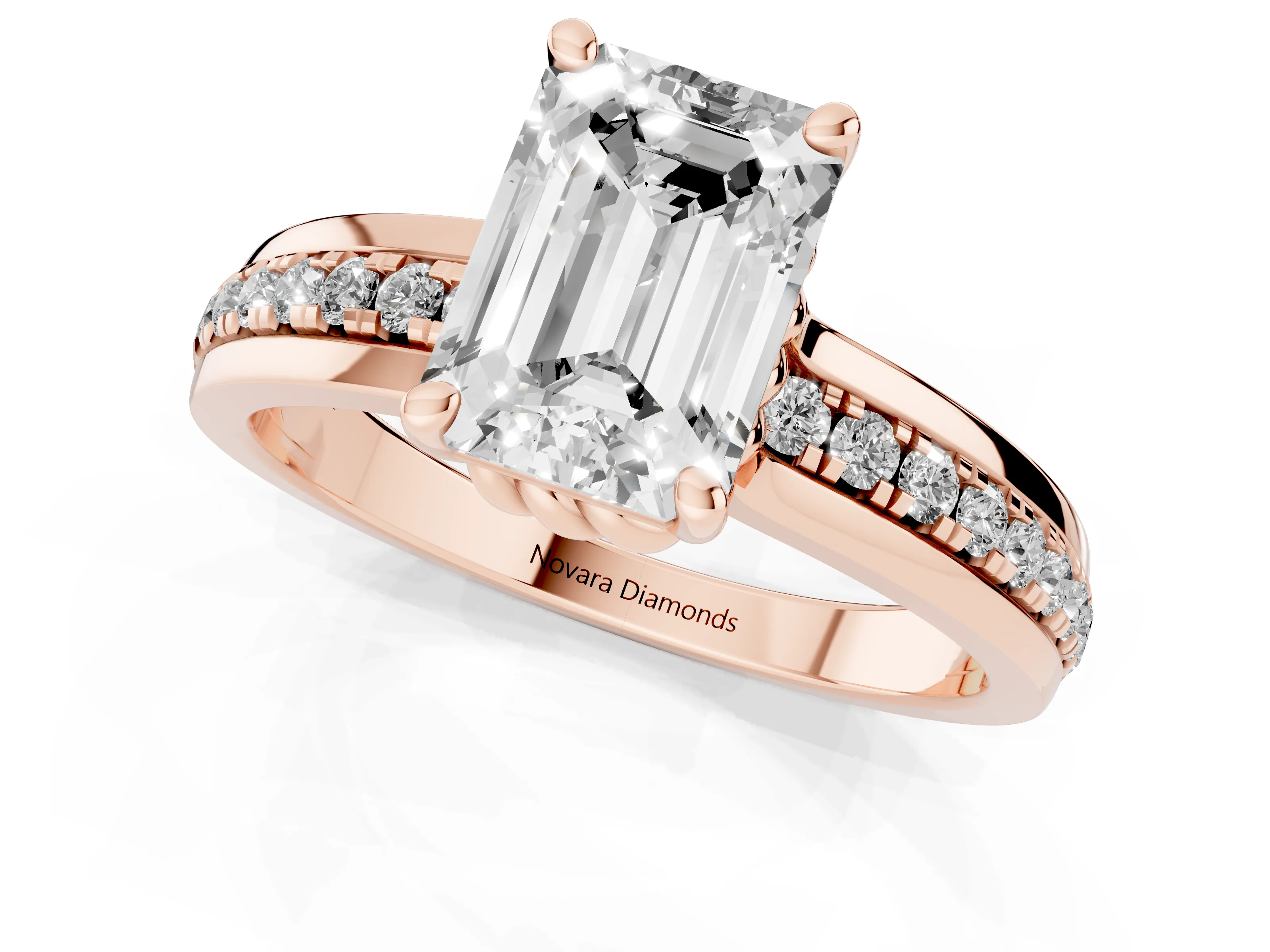 Emerald Cut Diamond Solitaire Ring Set in Rose gold with Channel Set Band and Prong Setting