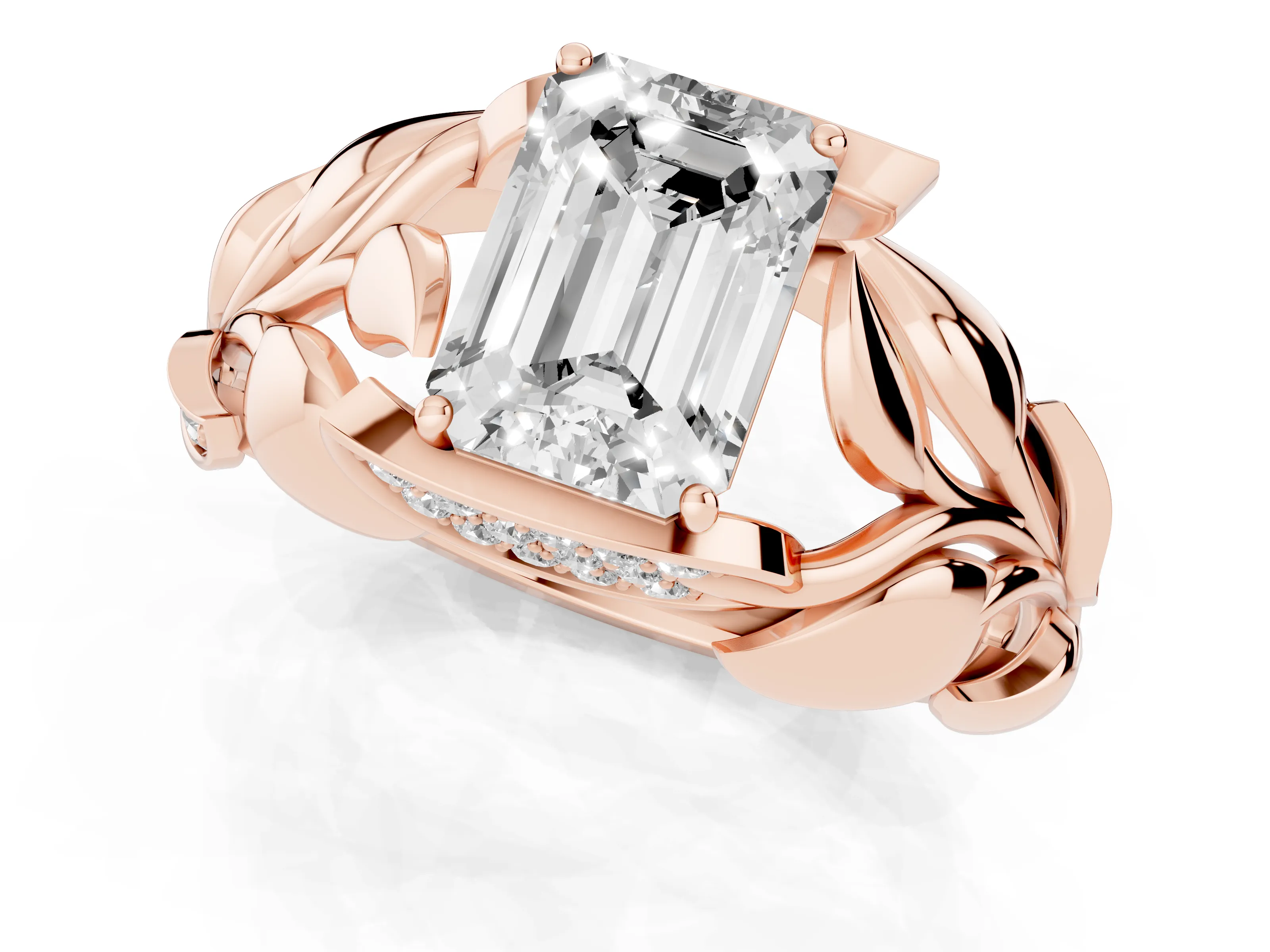 Emerald Cut Diamond Leaf-Inspired Engagement Ring Set in Rose gold with Round Accents