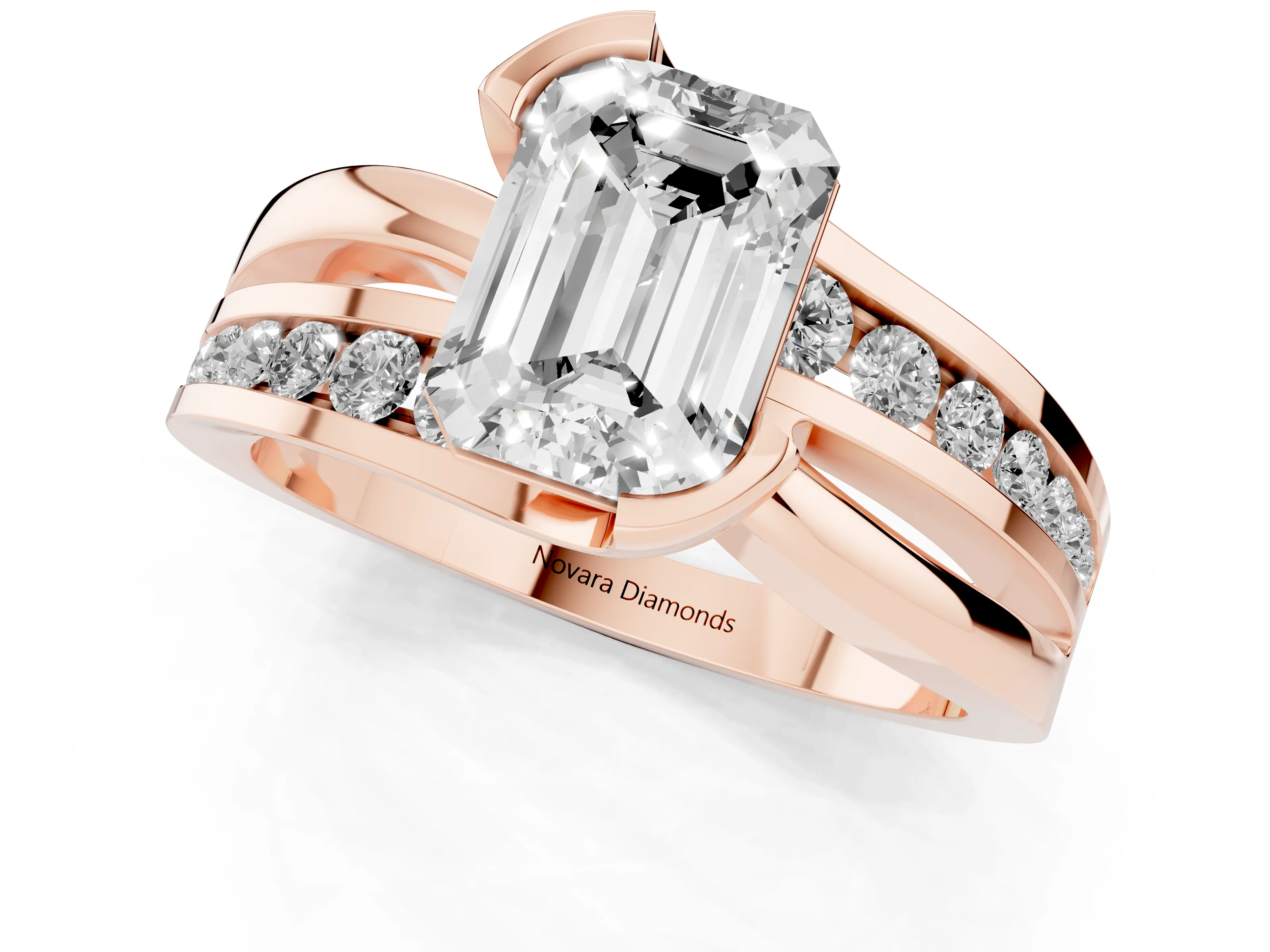 Emerald Cut Diamond Solitaire Ring Set in Rose gold with Channel Set Split Shank and Tension Prongs