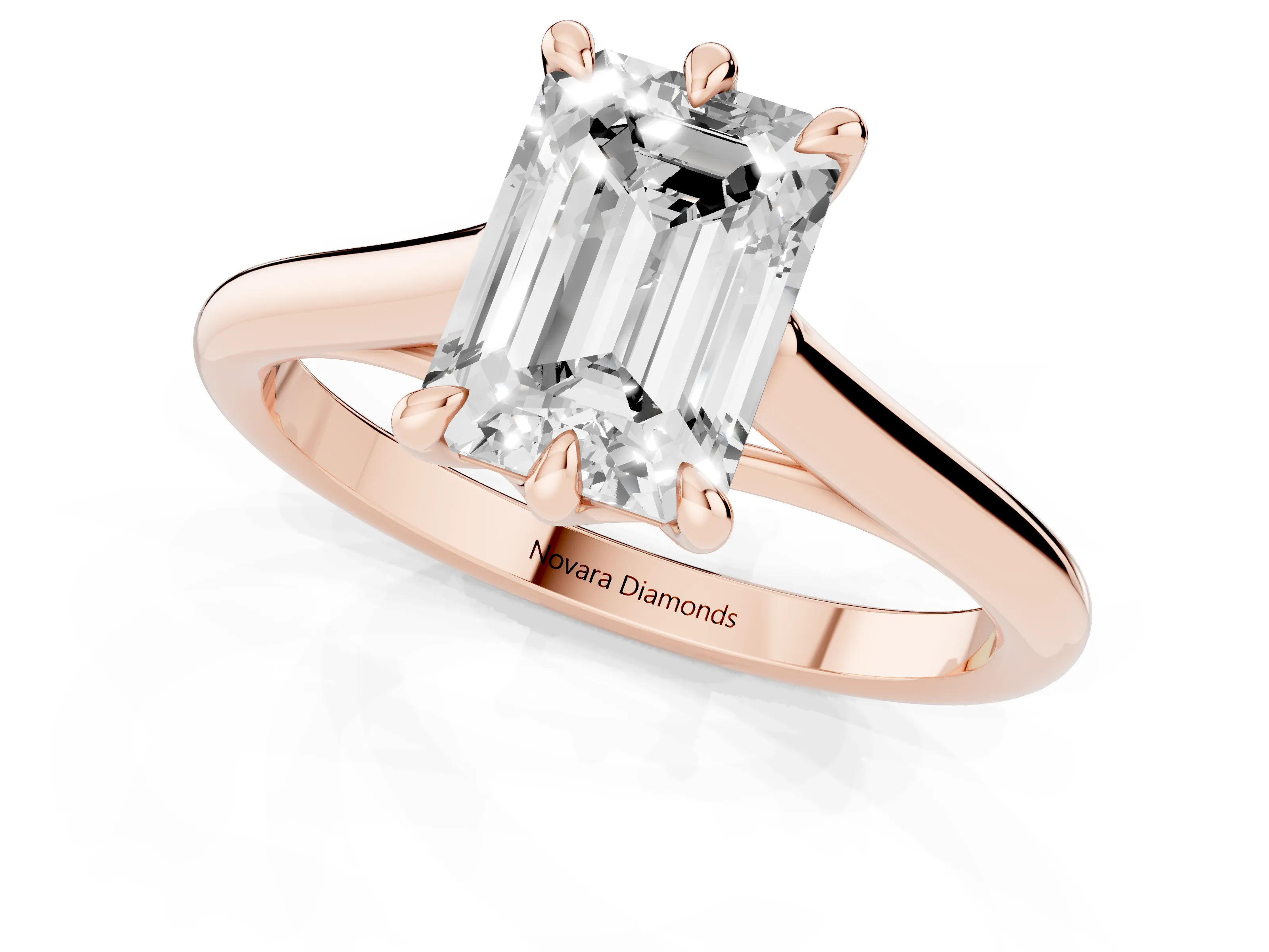 Emerald Cut Diamond Solitaire Engagement Ring Set in Rose gold with Prong Setting and Plain Classic Band