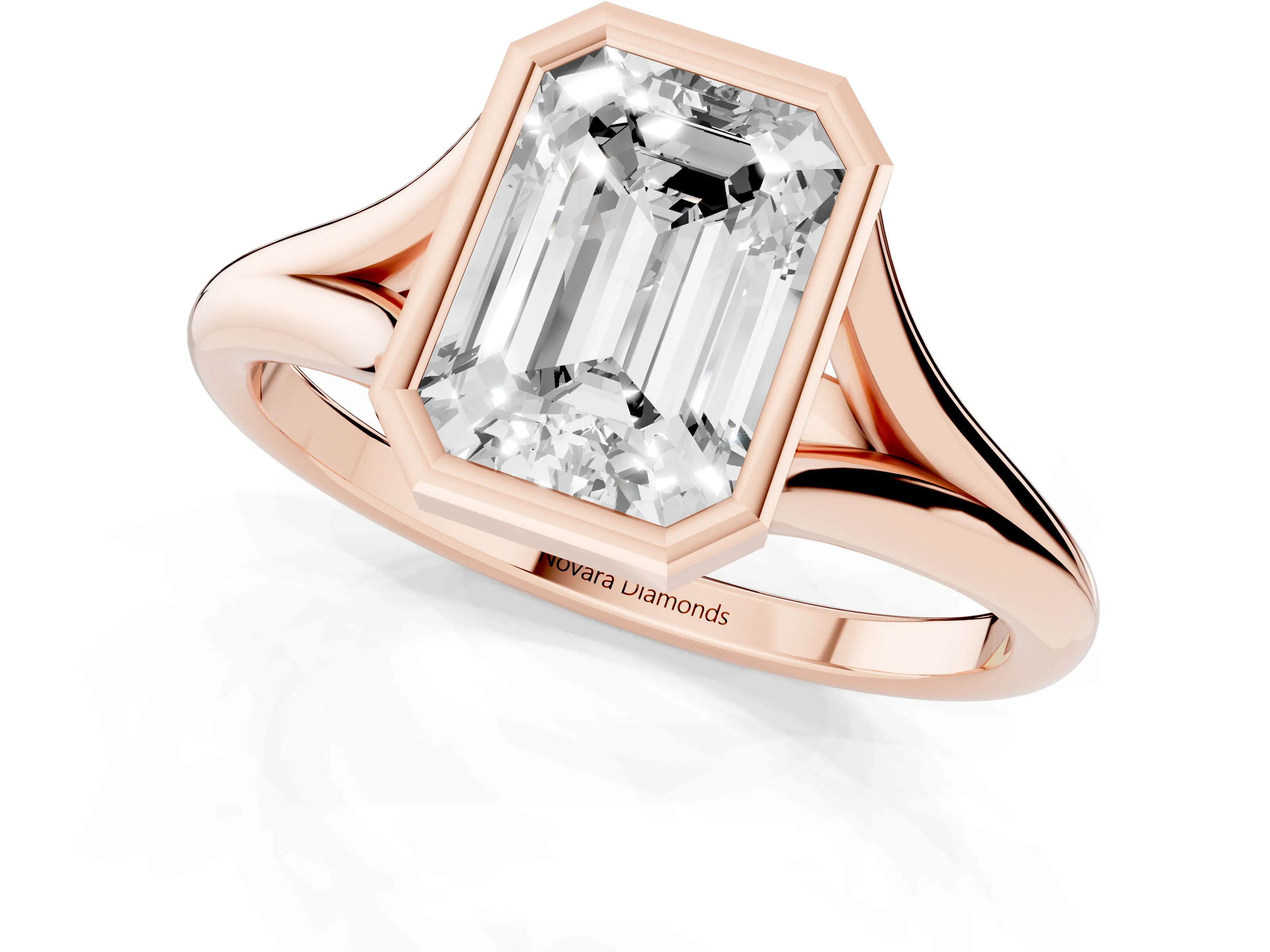 Bezel Set Emerald Cut Diamond Solitaire Ring Set in Rose gold with Tapered Band
