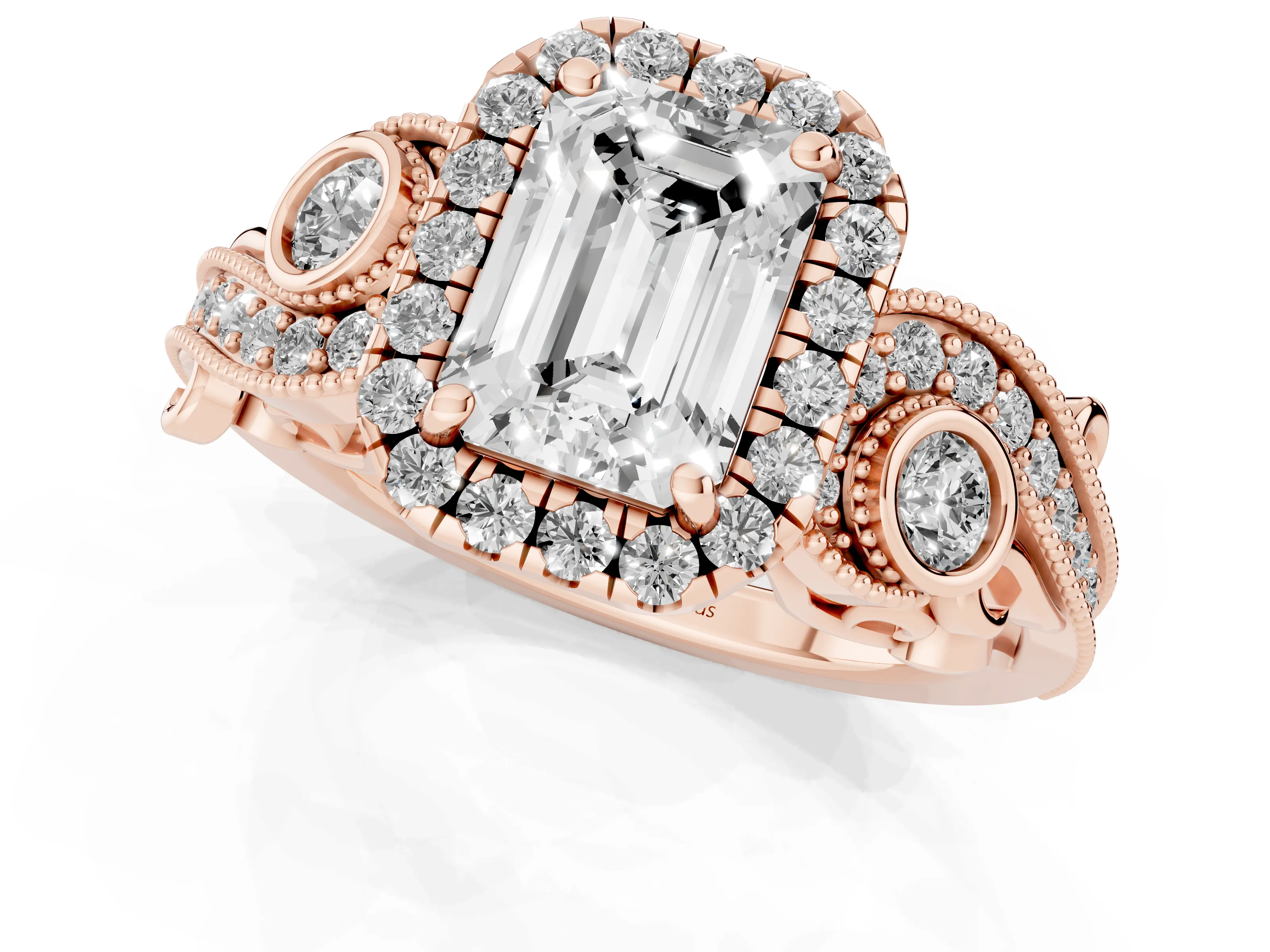 Emerald Cut Diamond Halo Ring Set in Rose gold with Milgrain Pavé Band and Prong Setting