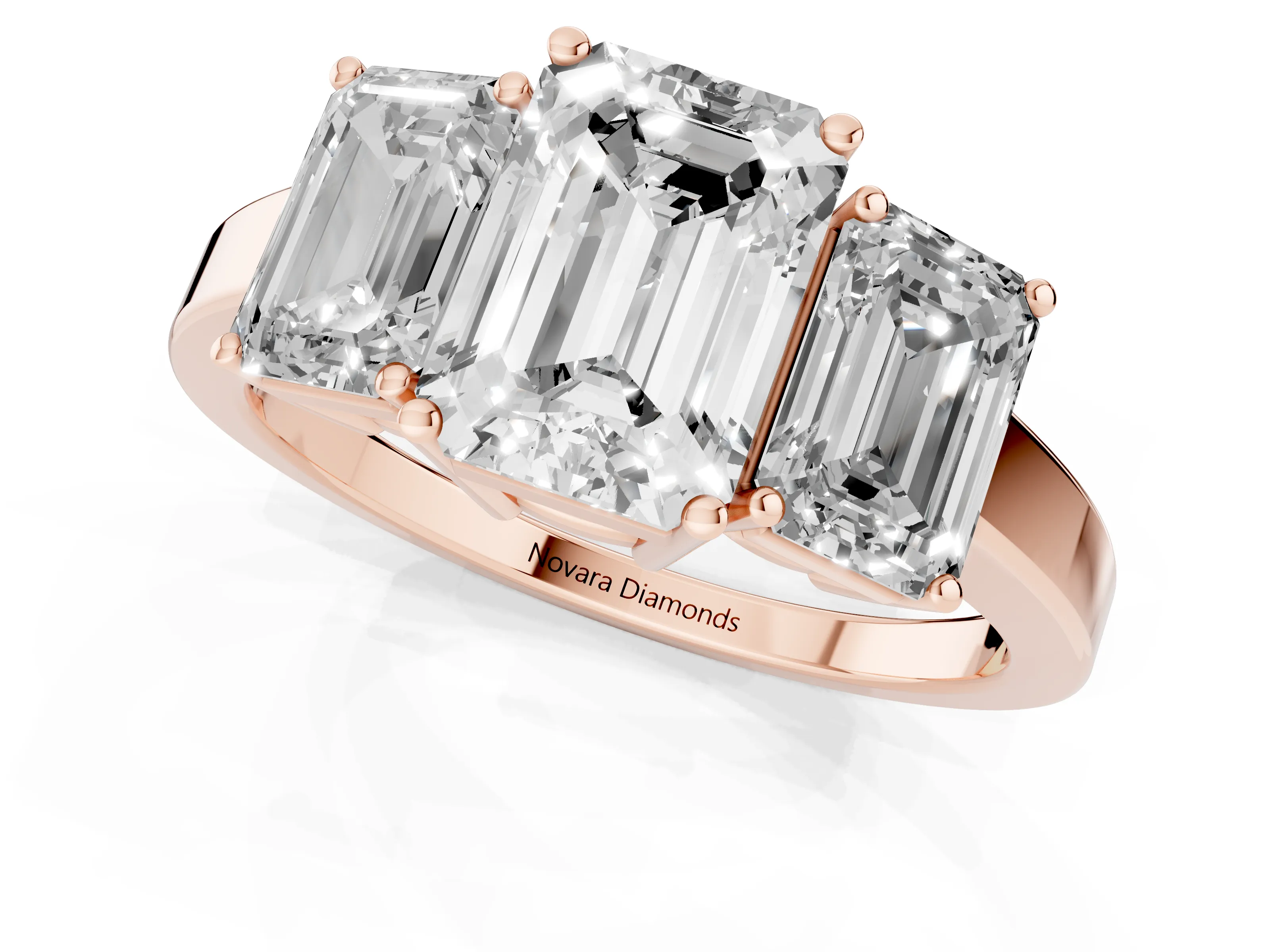 Emerald Cut Diamond Three-Stone Engagement Ring Set in Rose gold with Flat Band