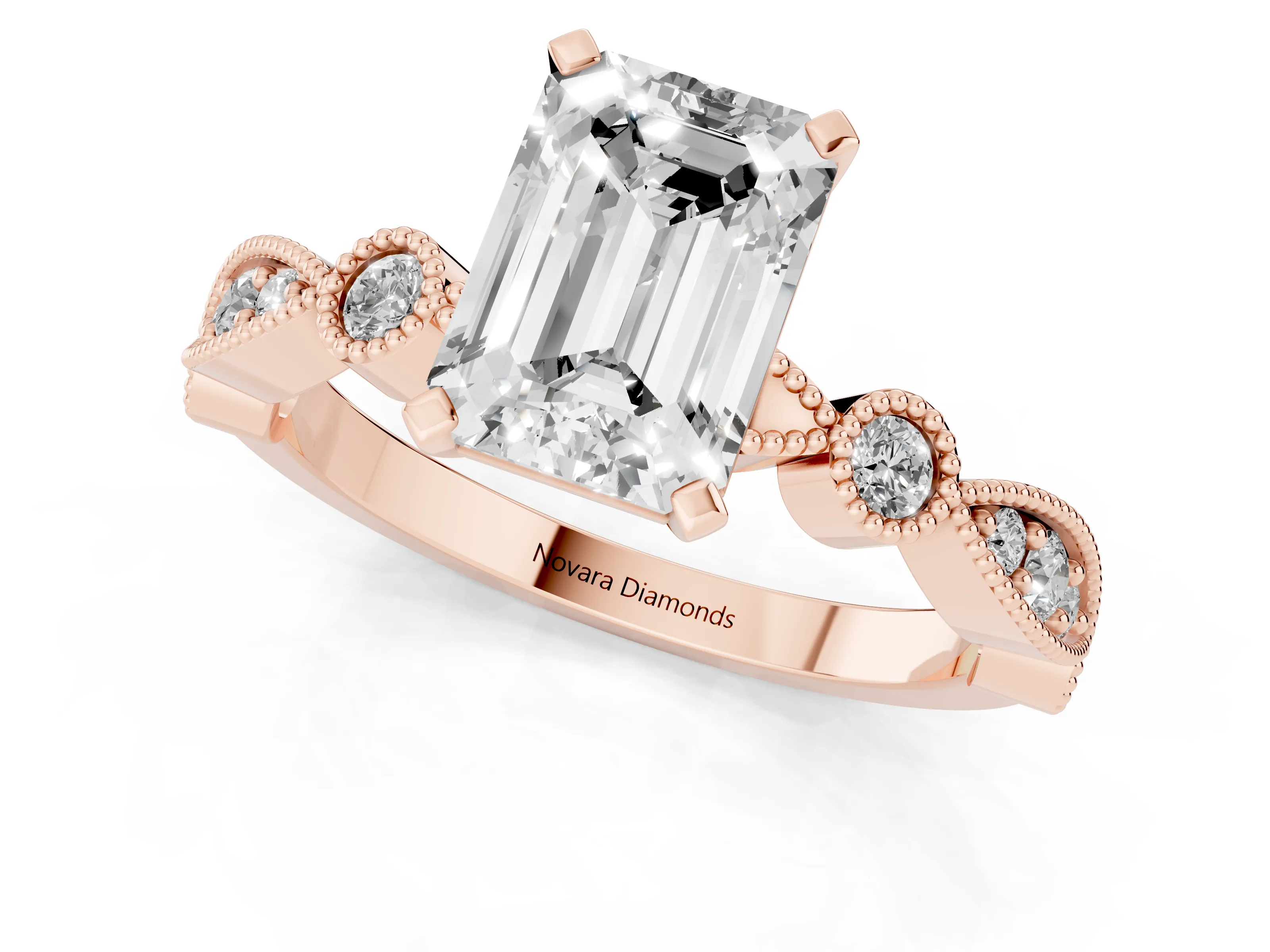 Emerald Cut Diamond Solitaire Engagement Ring Set in Rose gold with Milgrain Bezel Accent Band