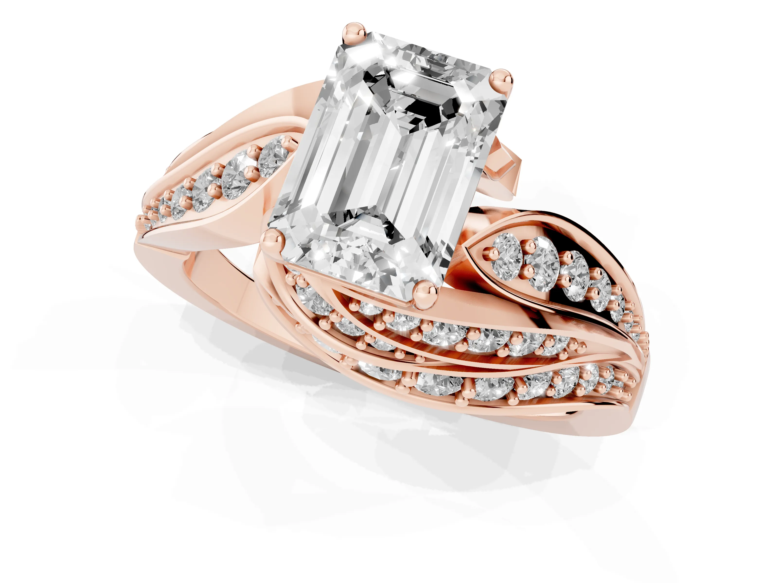 Emerald Cut Diamond Solitaire Ring Set in Rose gold with Layered Twist Pavé Band