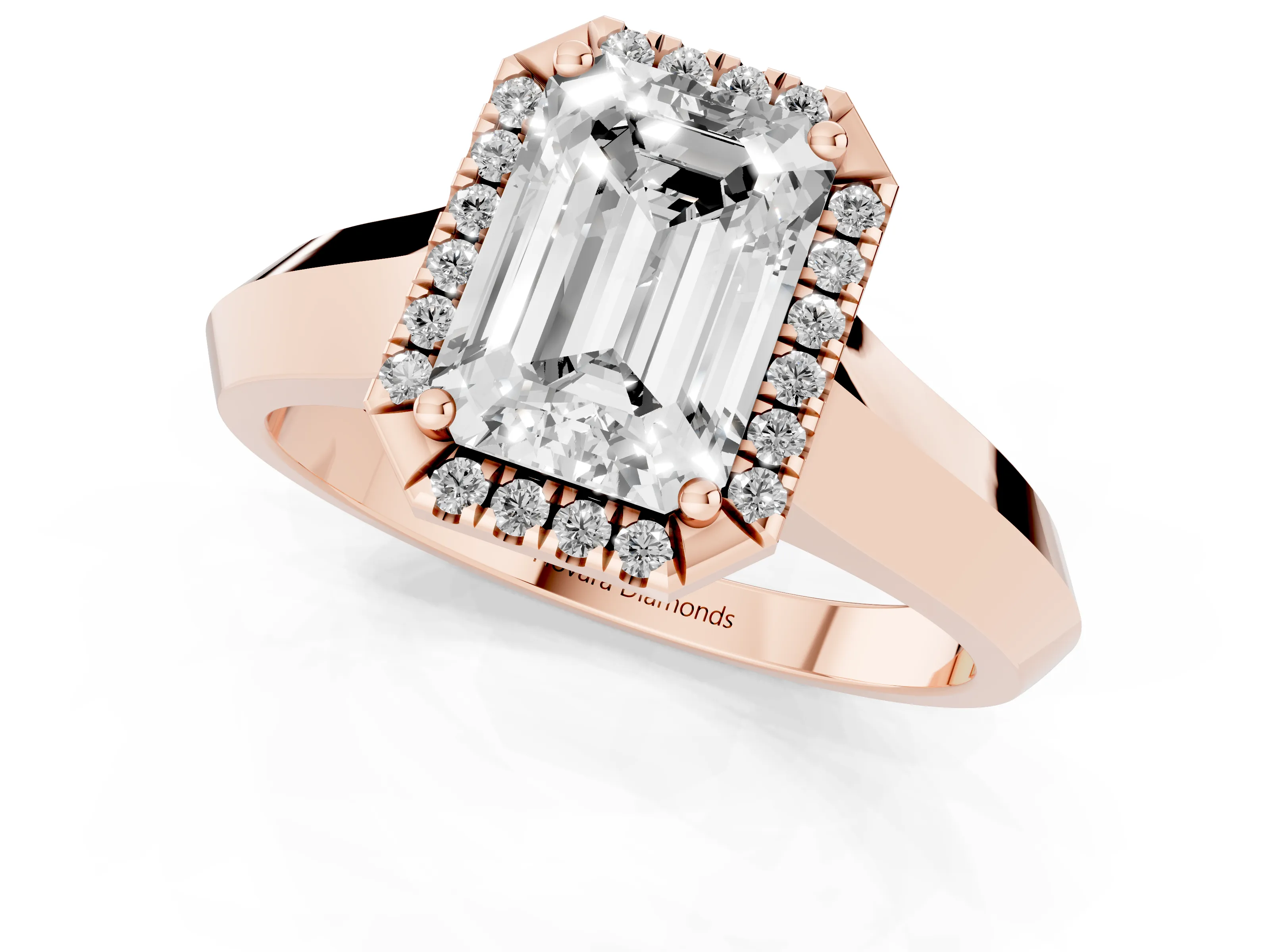 Emerald Cut Diamond Halo Ring Set in Rose gold with Cathedral Band and Prong Setting