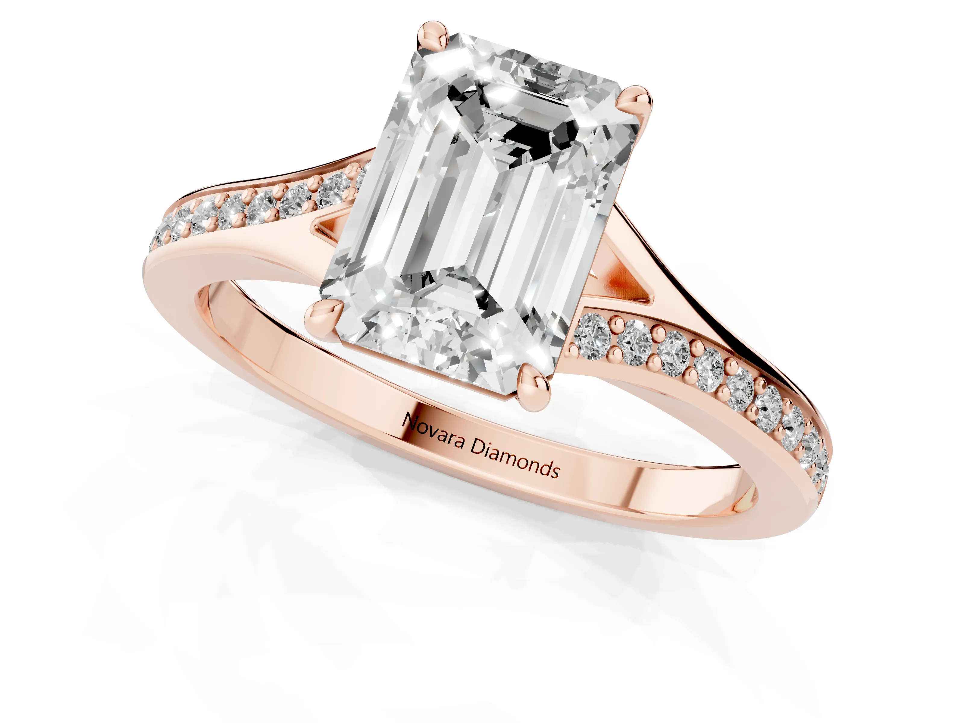 Emerald Cut Diamond Solitaire Ring Set in Rose gold with Pavé Accent Band and Classic Prong Setting