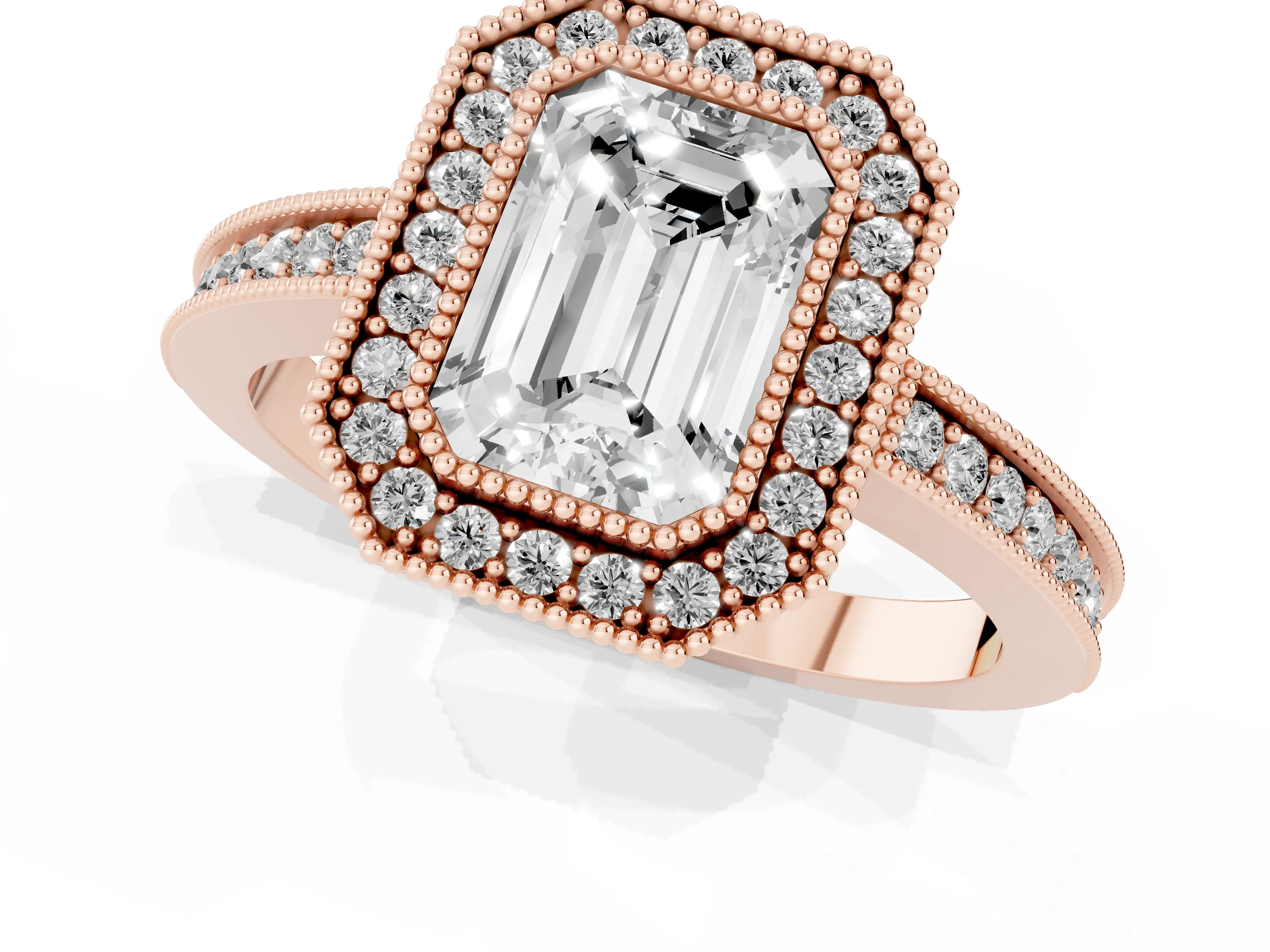 Emerald Cut Diamond Round Halo Ring Set in Rose gold with Pavé Band