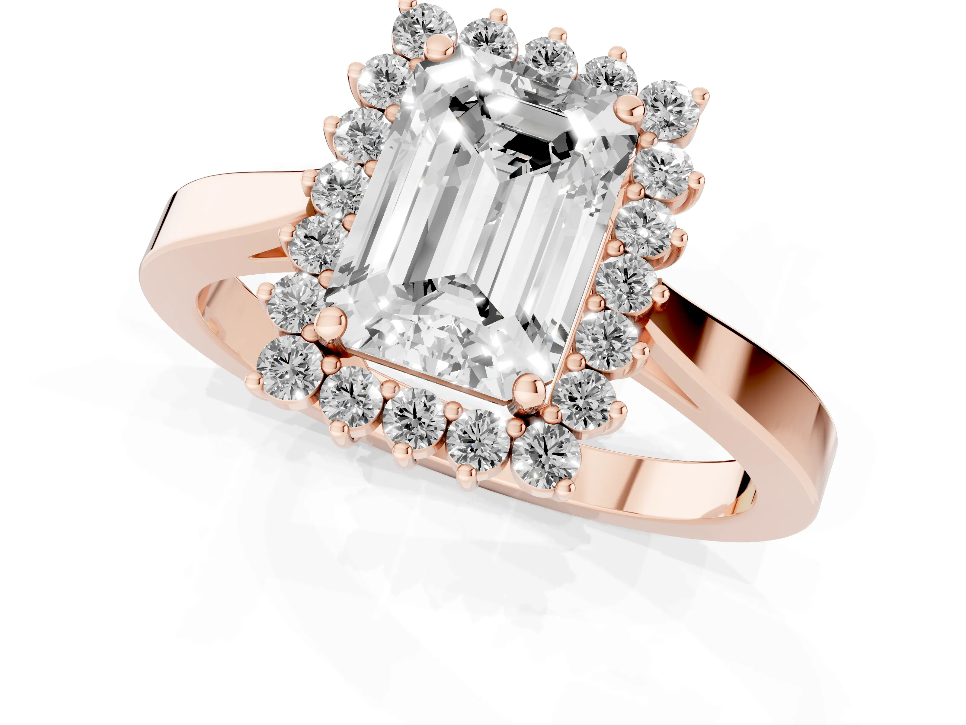 Emerald Cut Diamond Halo Ring Set in Rose gold with Round Halo and Smooth Solitaire Band