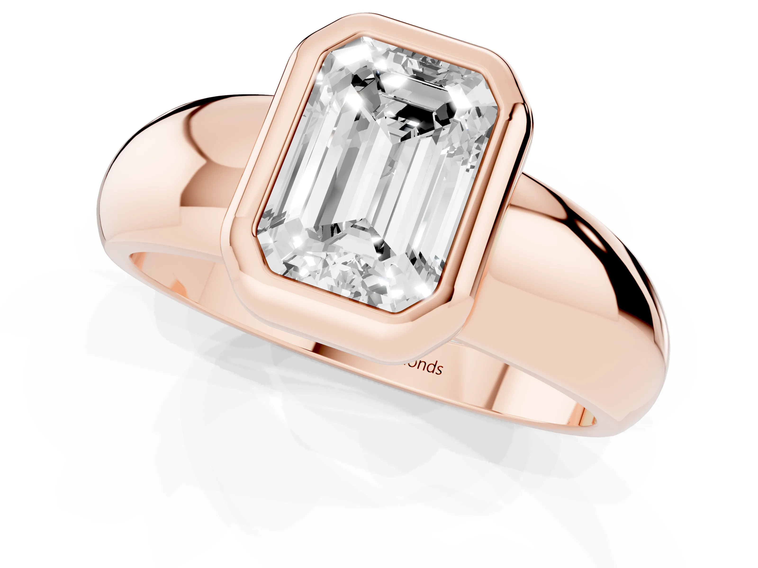 Bezel Set Emerald Cut Diamond Solitaire Ring Set in Rose gold with Wide Band