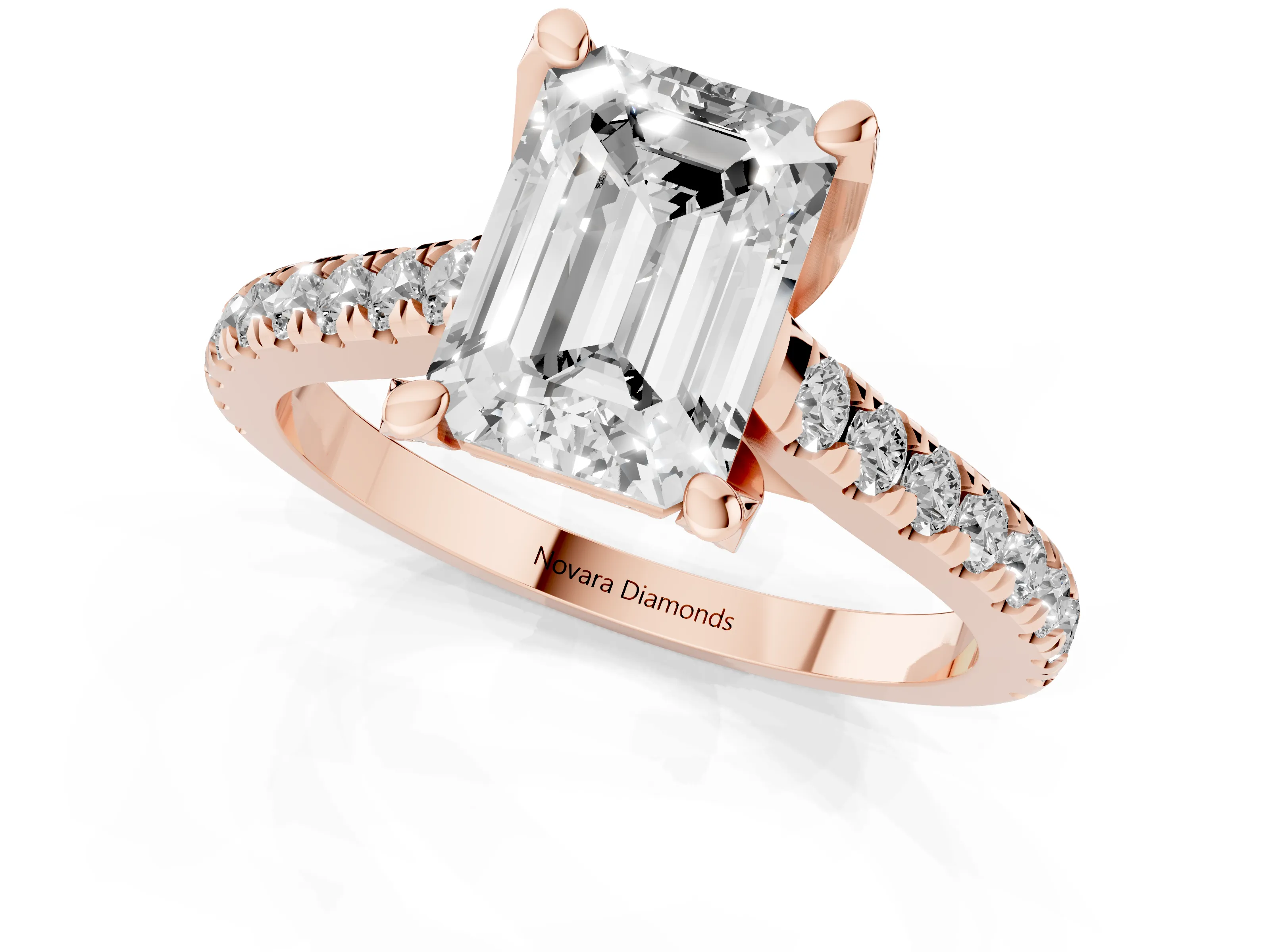 Emerald Cut Diamond Solitaire Ring Set in Rose gold with Brilliant Pavé Band and Prong Setting