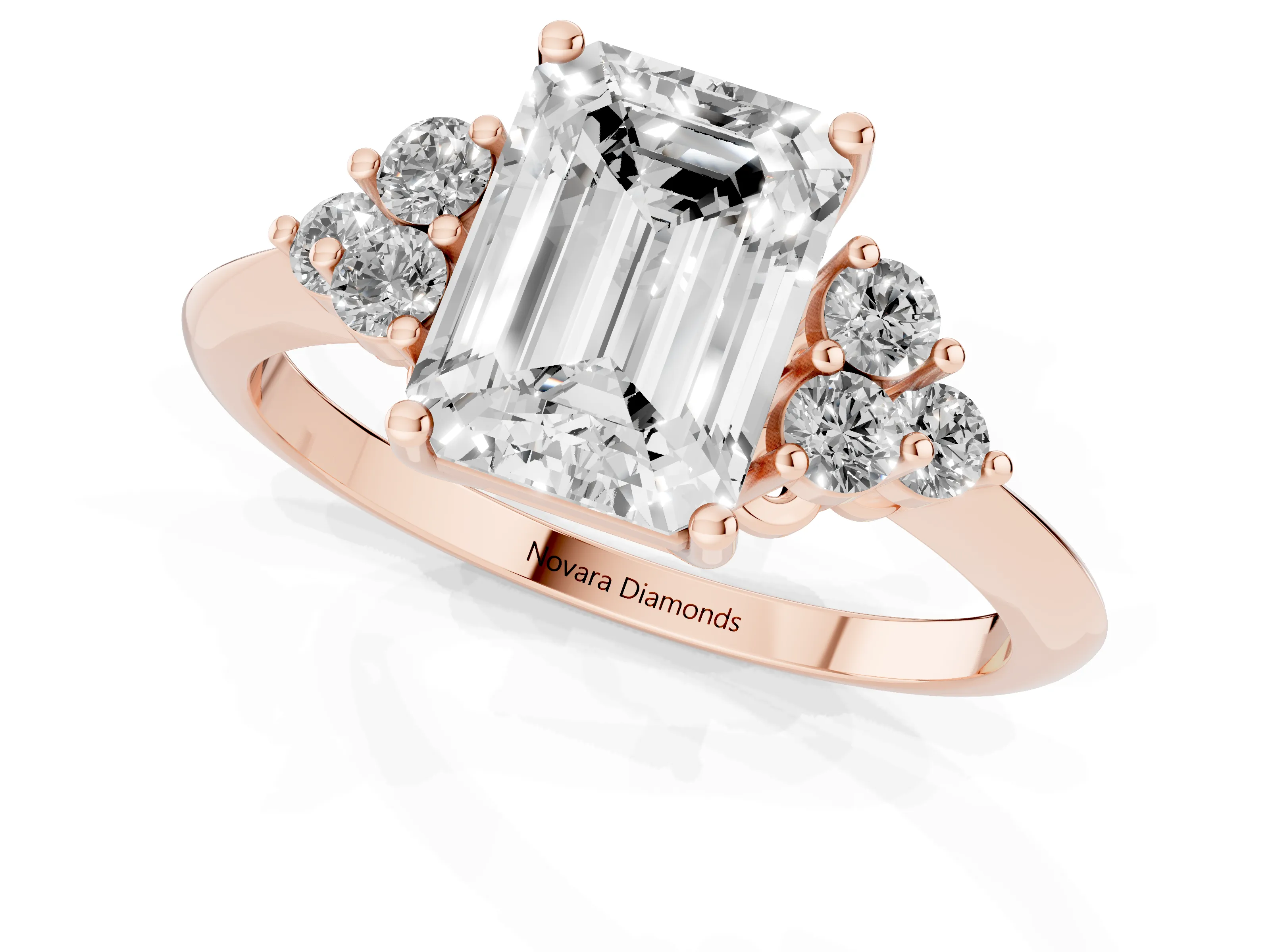 Emerald Cut Diamond Cluster Ring Set in Rose gold with Plain Band and Prong Setting