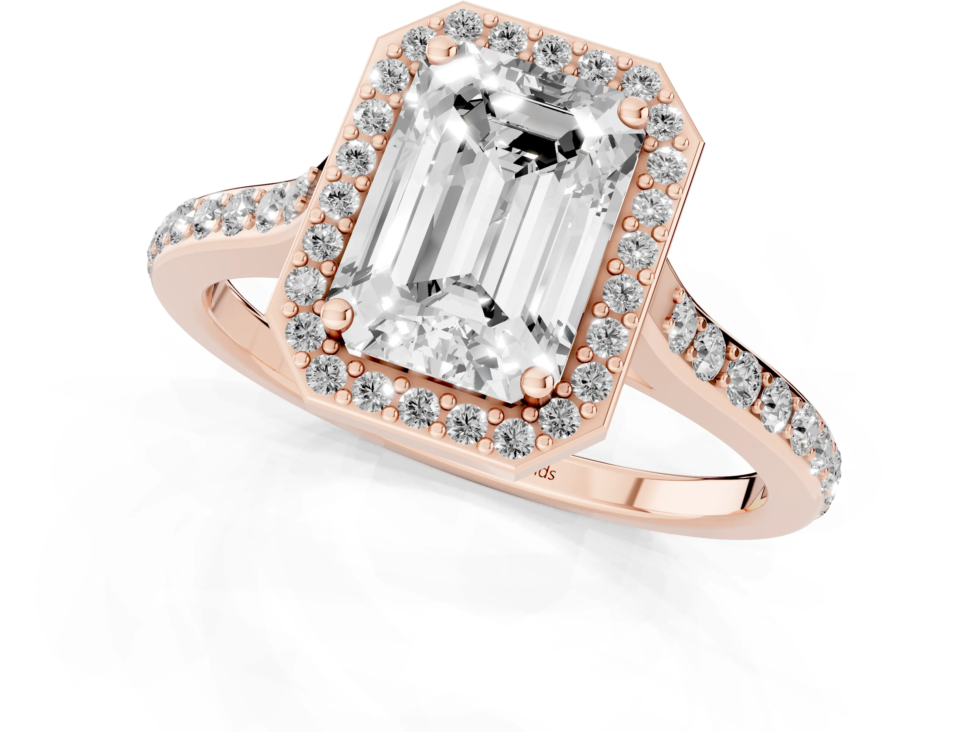 Emerald Cut Diamond Halo Engagement Ring Set in Rose gold with Round Pavé Shoulders and Heart Gallery