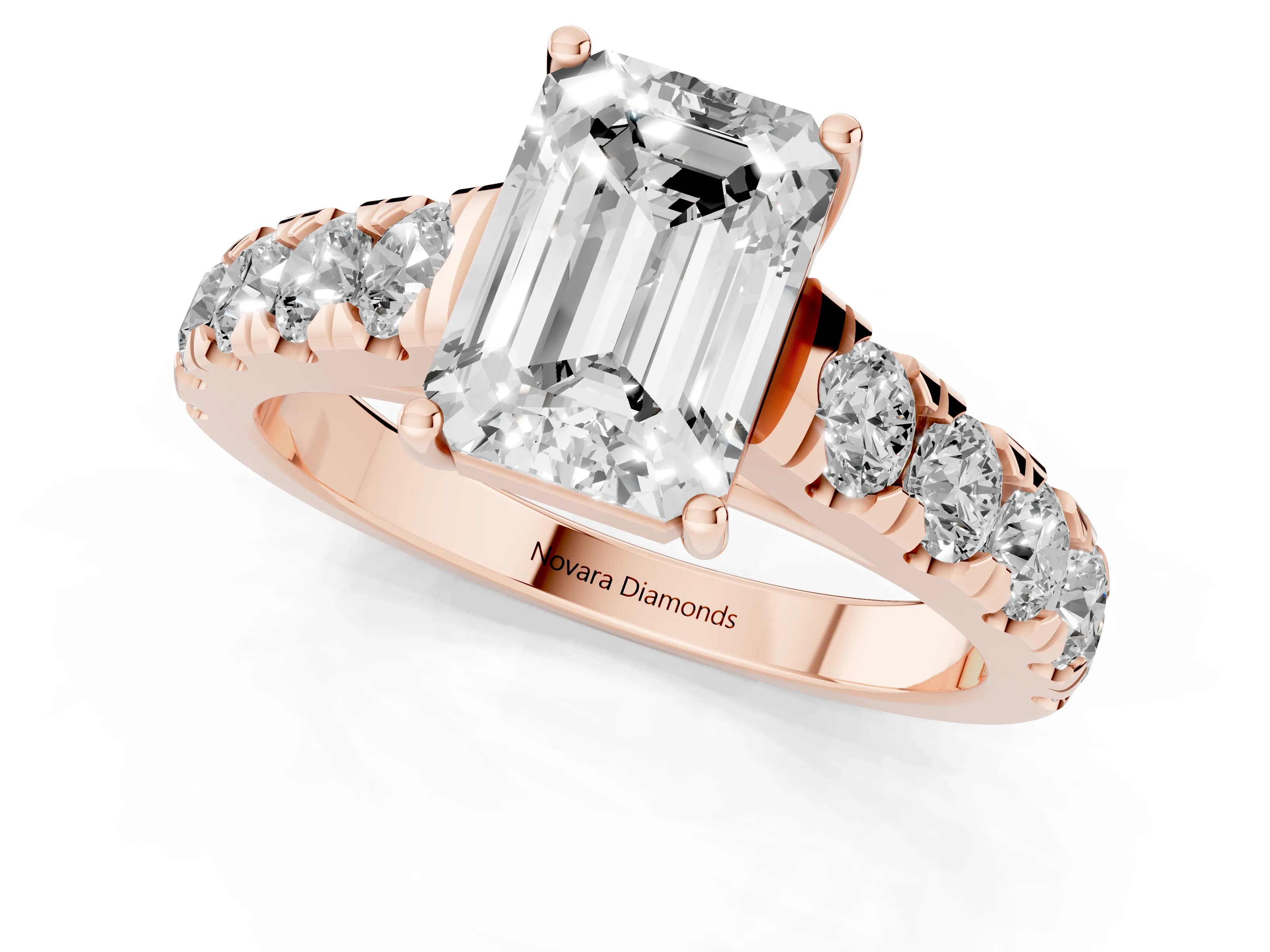 Emerald Cut Diamond Solitaire Ring Set in Rose gold with Cut-Down Micro Pavé Band and Prong Setting