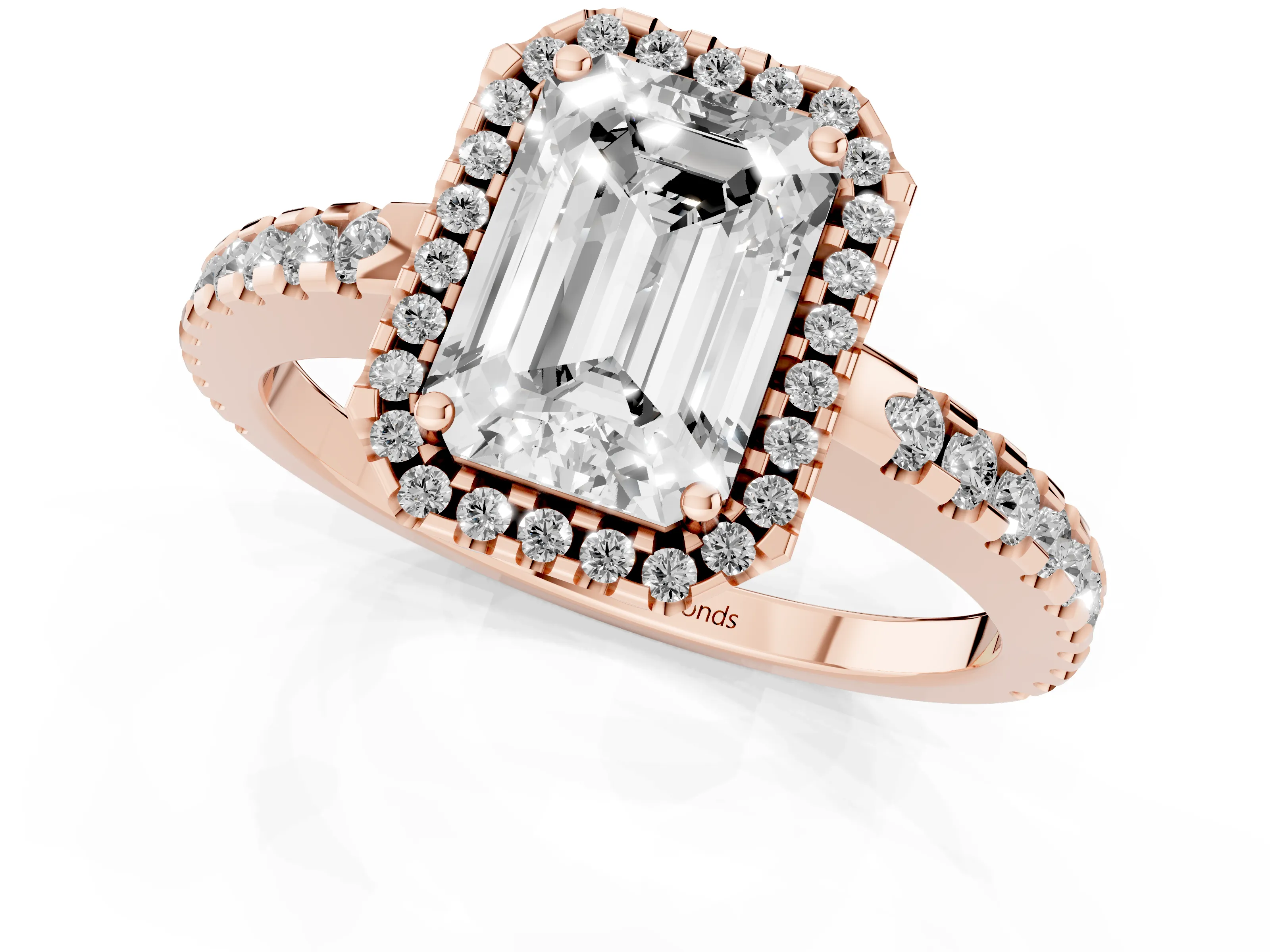 Emerald Cut Diamond Halo Ring Set in Rose gold with Pavé Shoulders and Halo-Framed Center