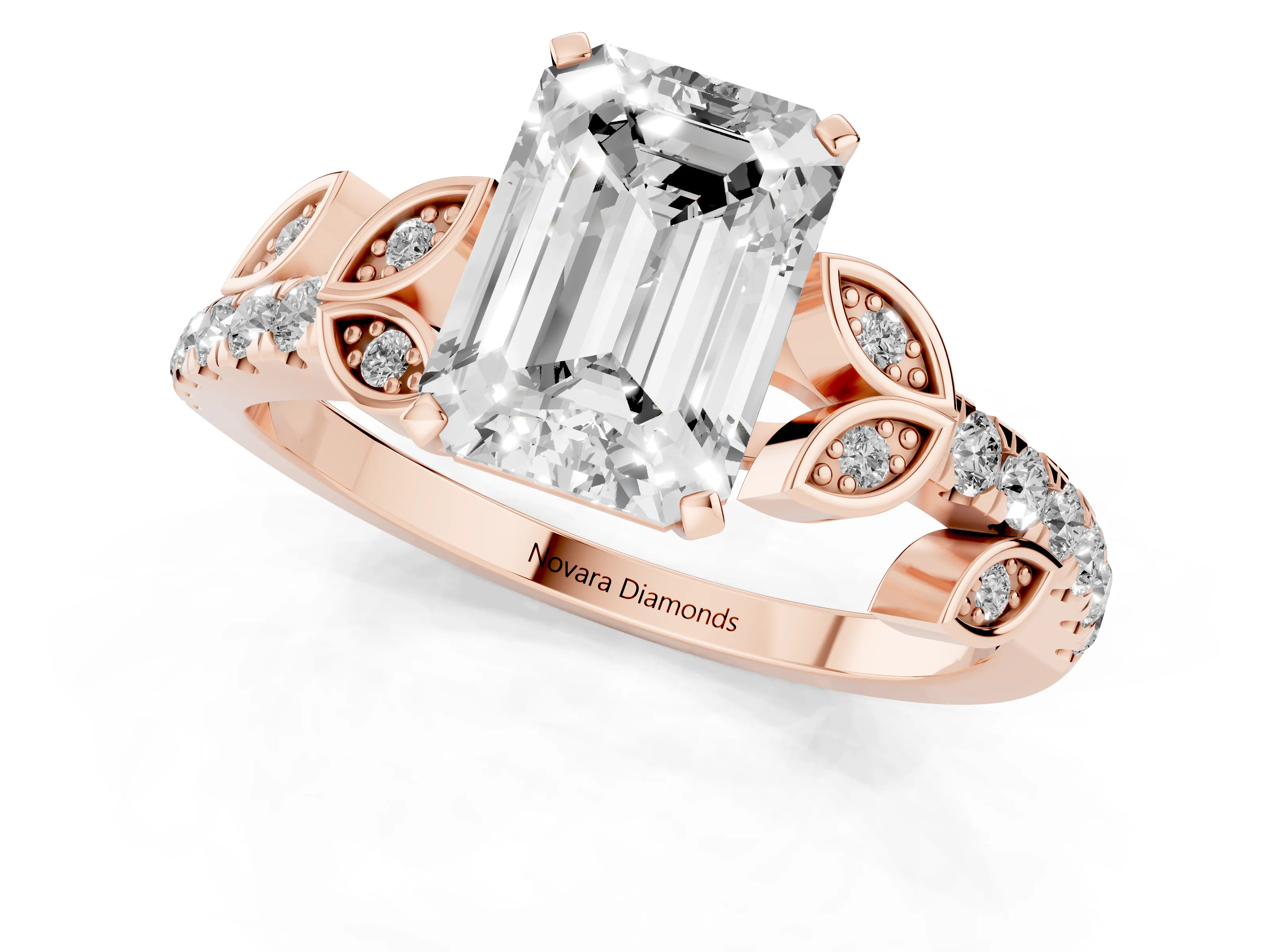 Emerald Cut Diamond Solitaire Leaf-Inspired Ring Set in Rose gold with Pavé Band and Prong Setting