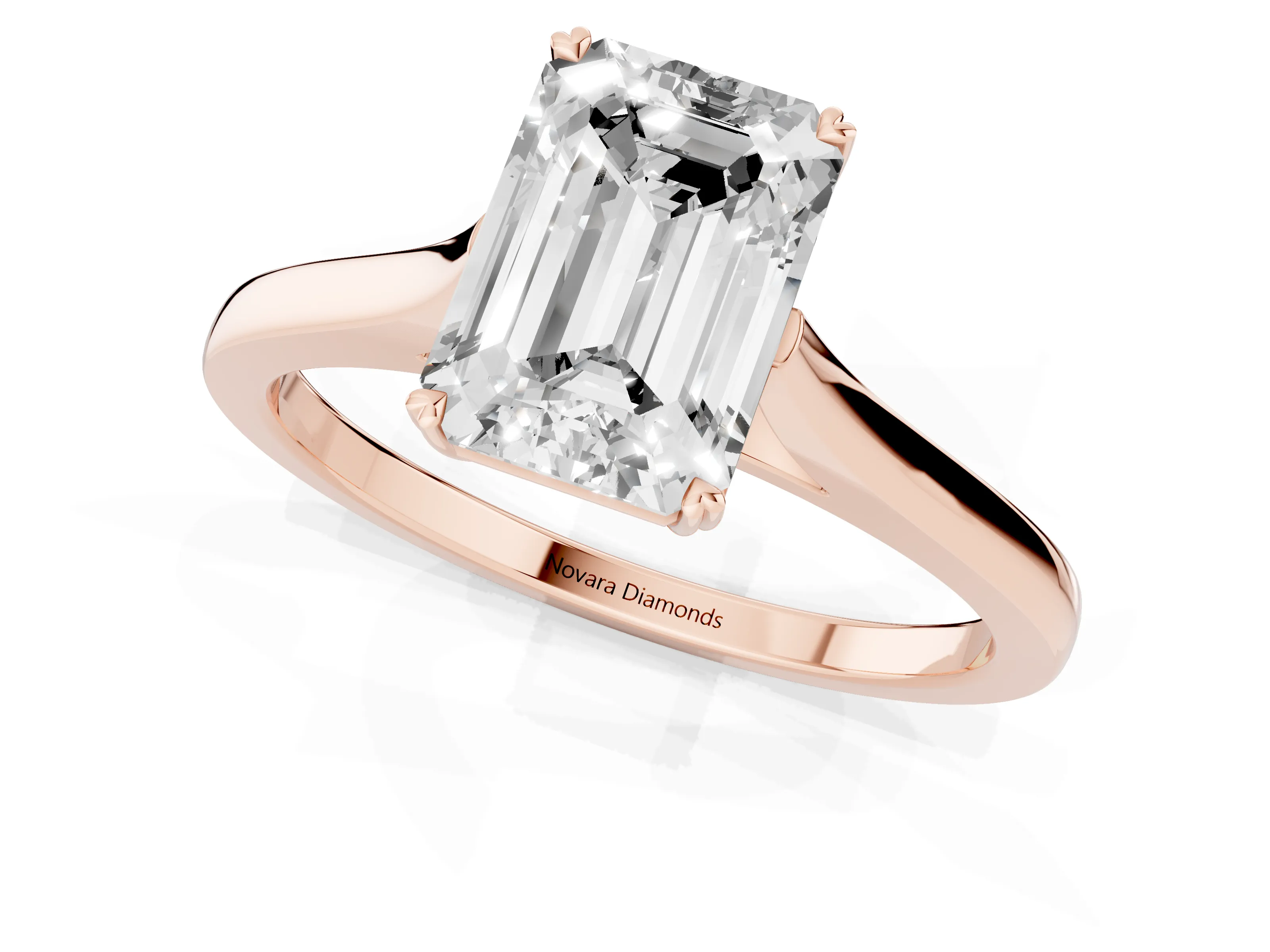 Emerald Cut Diamond Solitaire Heart Prong Engagement Ring Set in Rose gold with Tapered Band