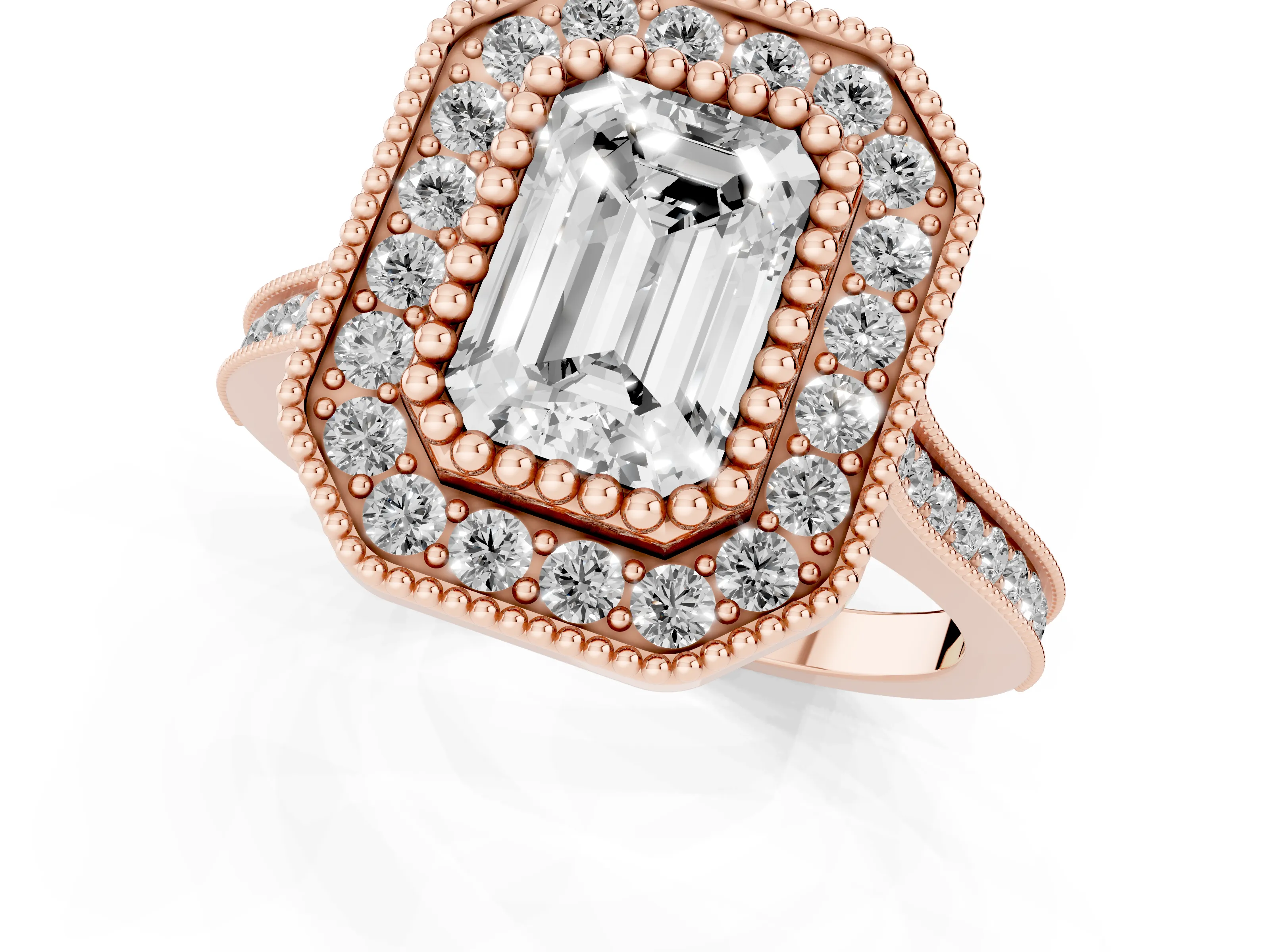Emerald Cut Diamond Halo Ring Set in Rose gold with Milgrain Frame and Pavé Band