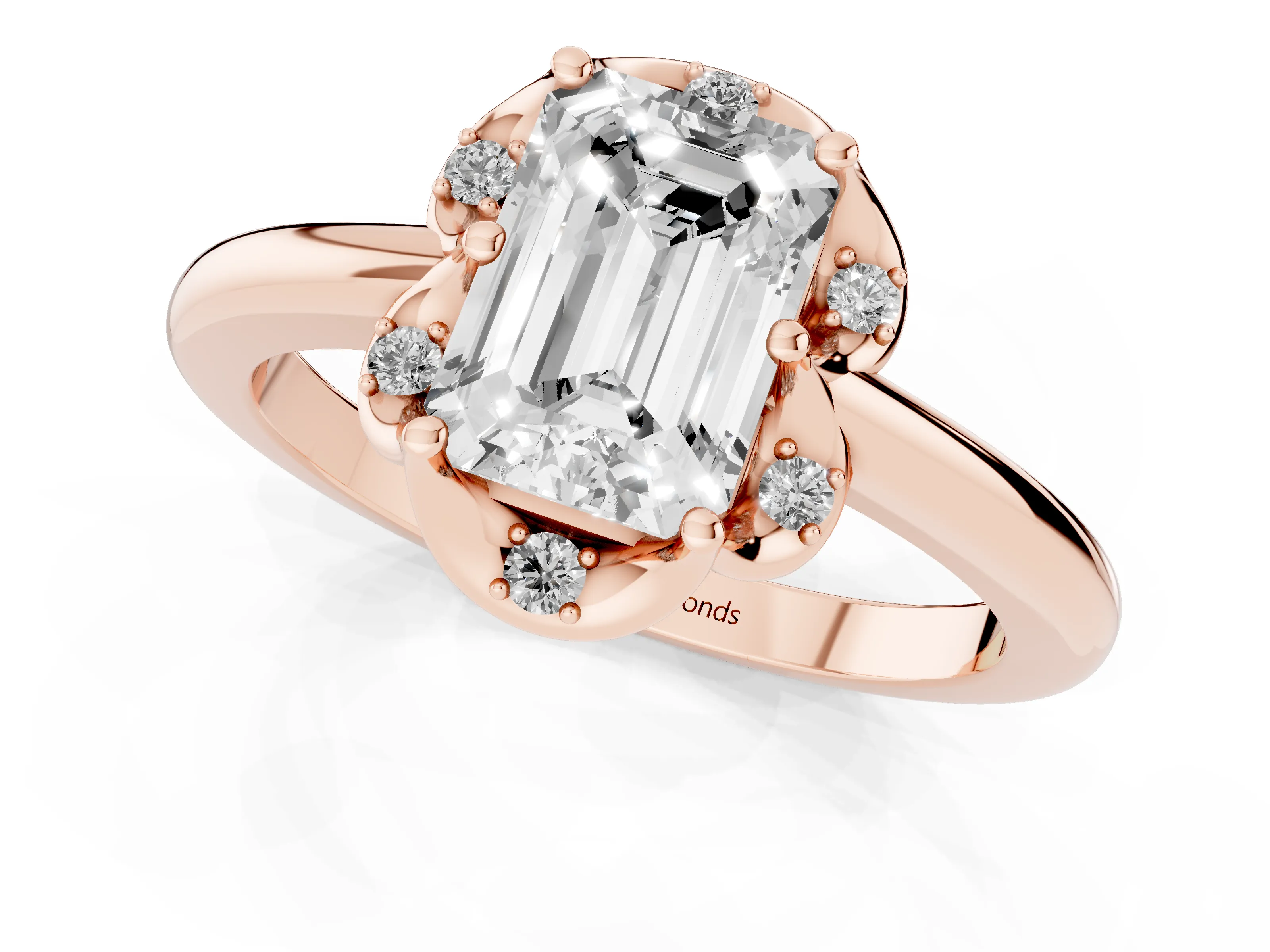 Emerald Cut Diamond Round Cluster Halo Ring Set in Rose gold with Solitaire Band and Prong Setting