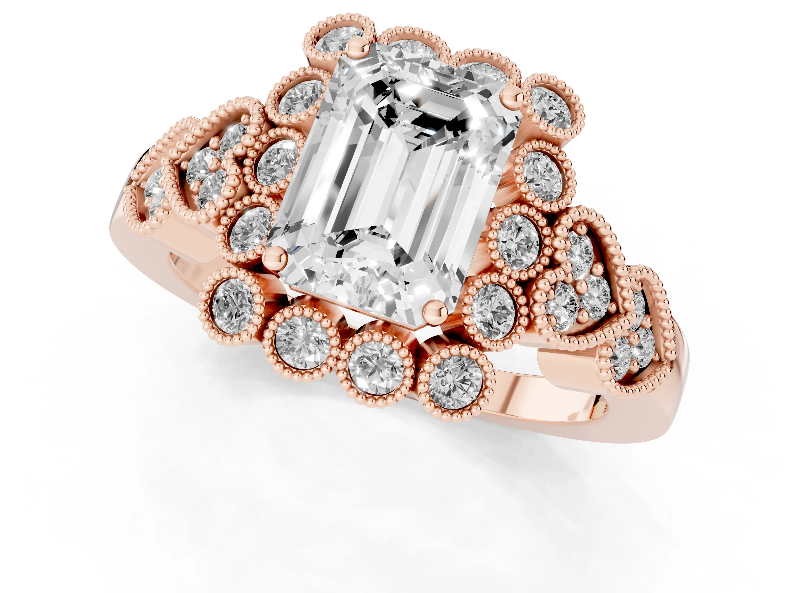 Emerald Cut Diamond Solitaire Ring Set in Rose gold with Milgrain Pavé Heart Band