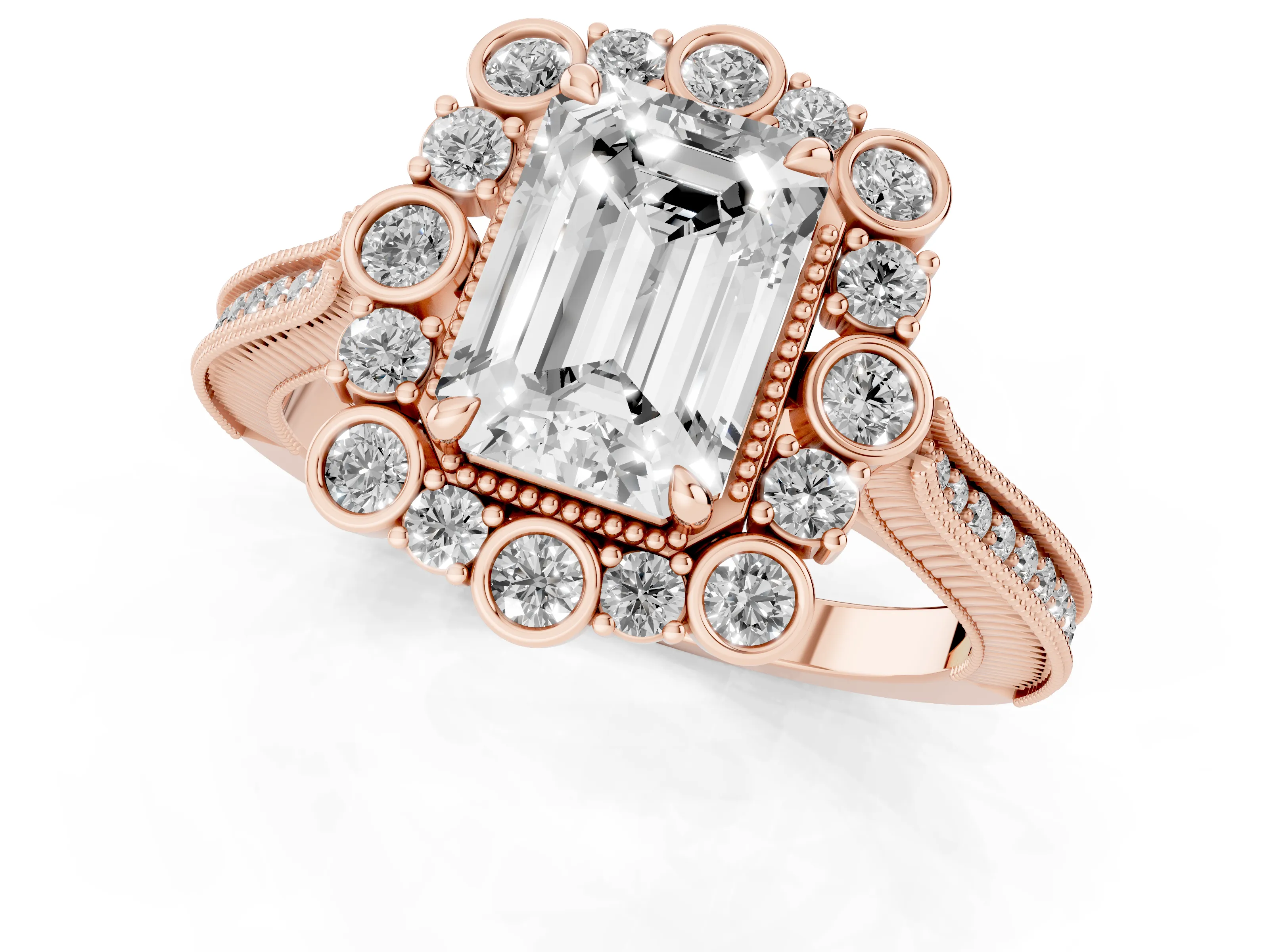 Emerald Cut Diamond Halo Milgrain Pavé Ring Set in Rose gold with Prong Setting