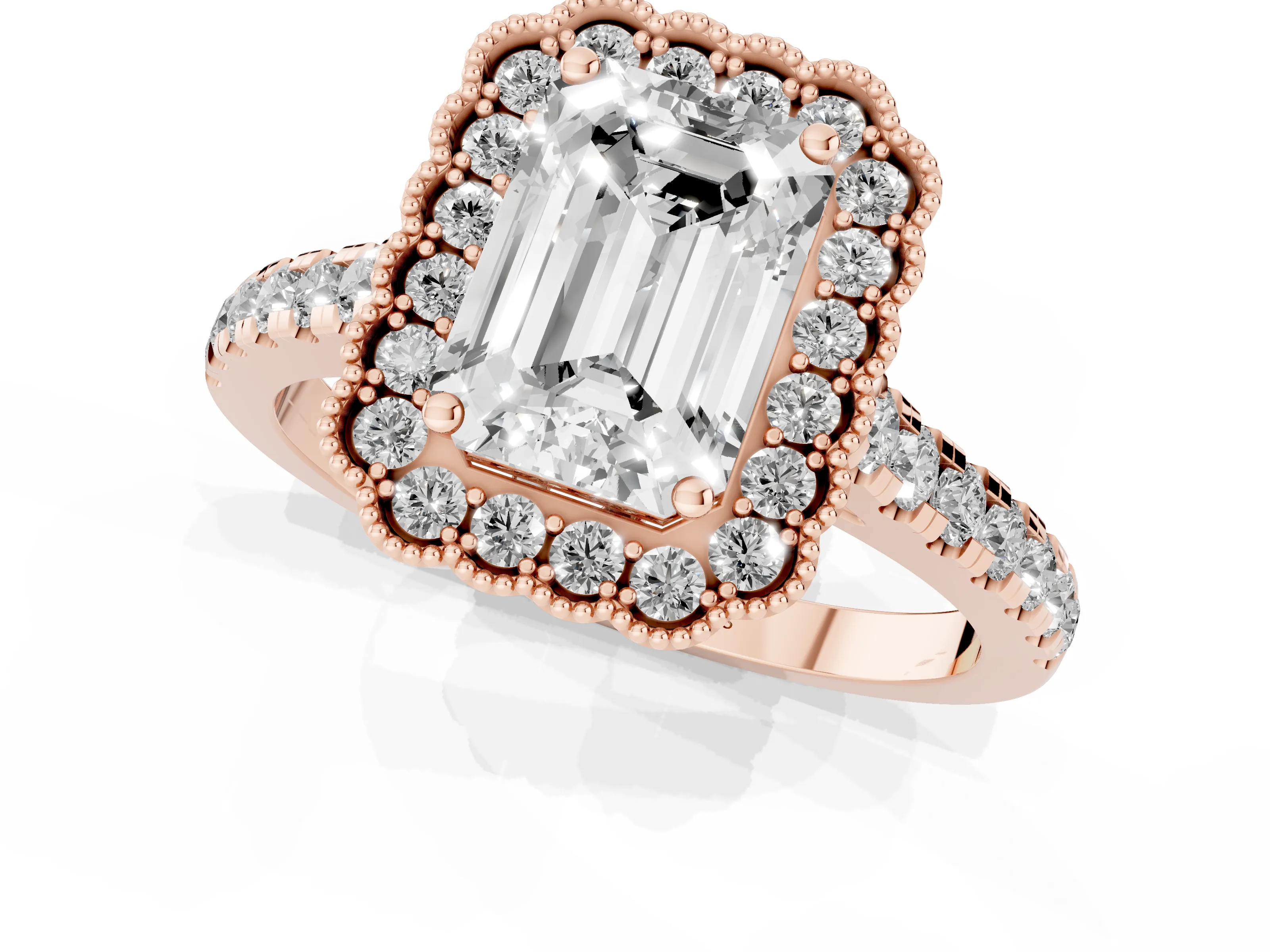 Emerald Cut Diamond Milgrain Floral Halo Engagement Ring Set in Rose gold with Pavé Band