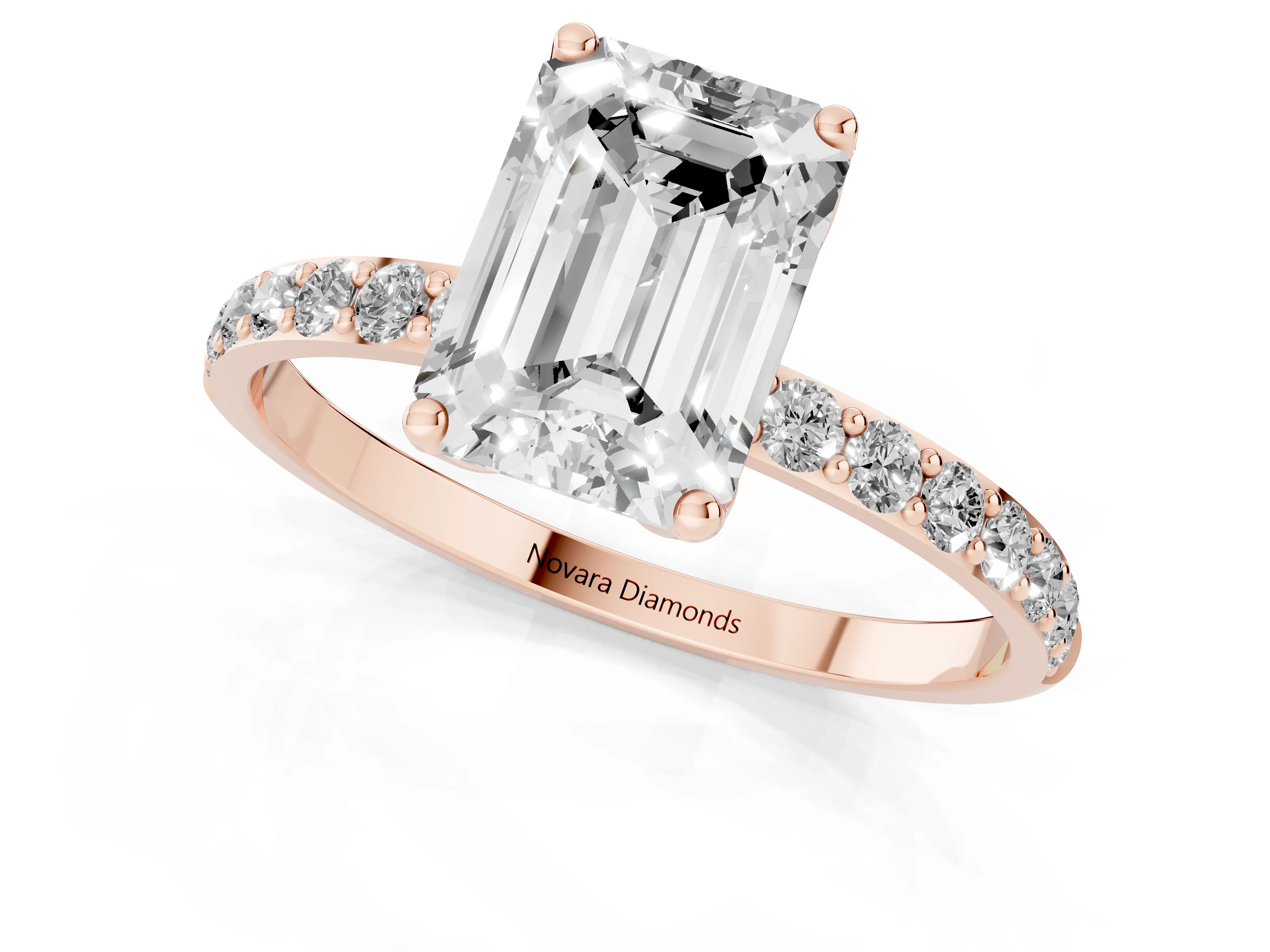 Emerald Cut Diamond Solitaire Engagement Ring Set in Rose gold with Round Pavé Band and Prong Setting