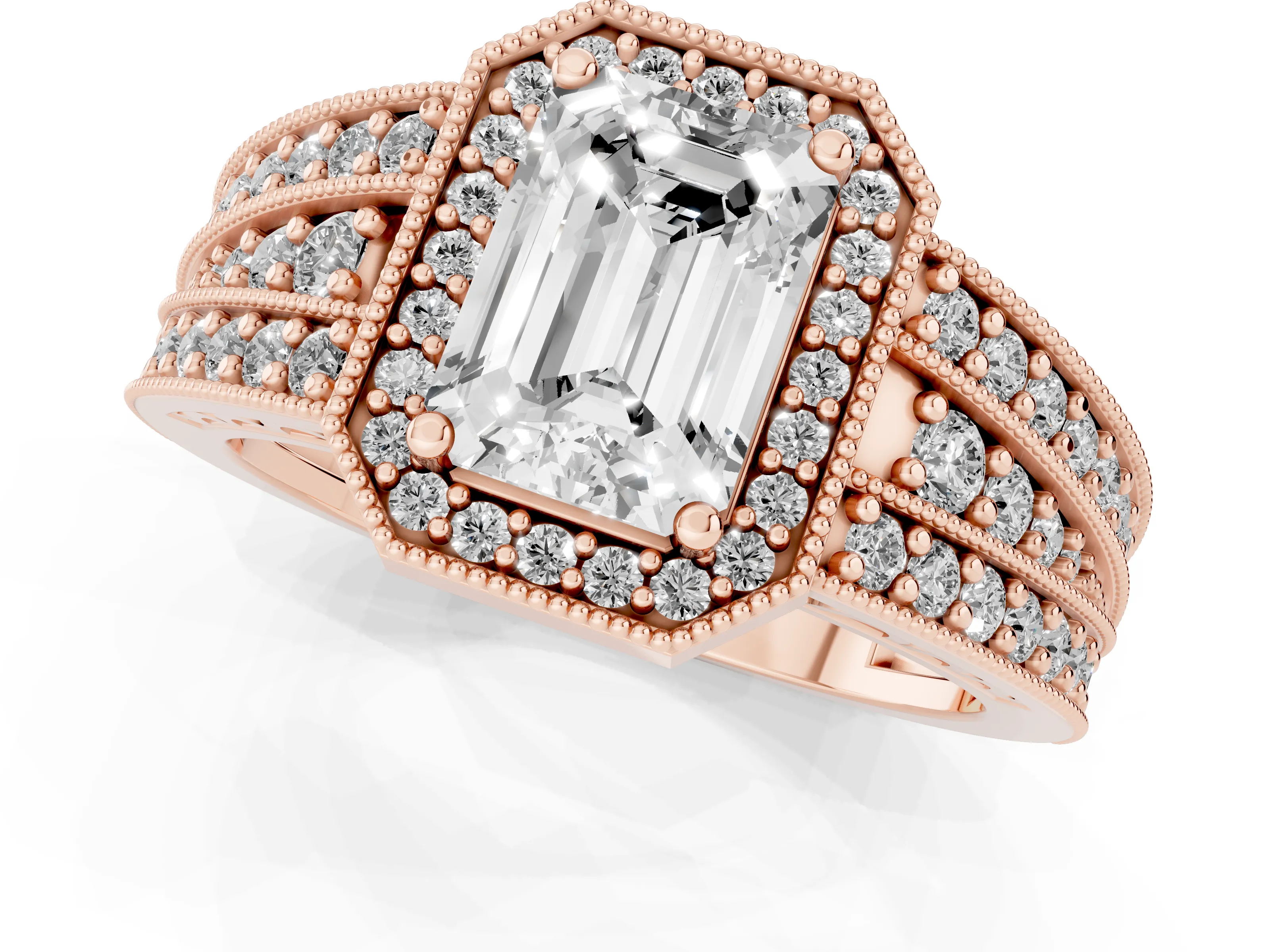 Emerald Cut Diamond Halo Ring Set in Rose gold with Accent Split Shank and Prong Setting