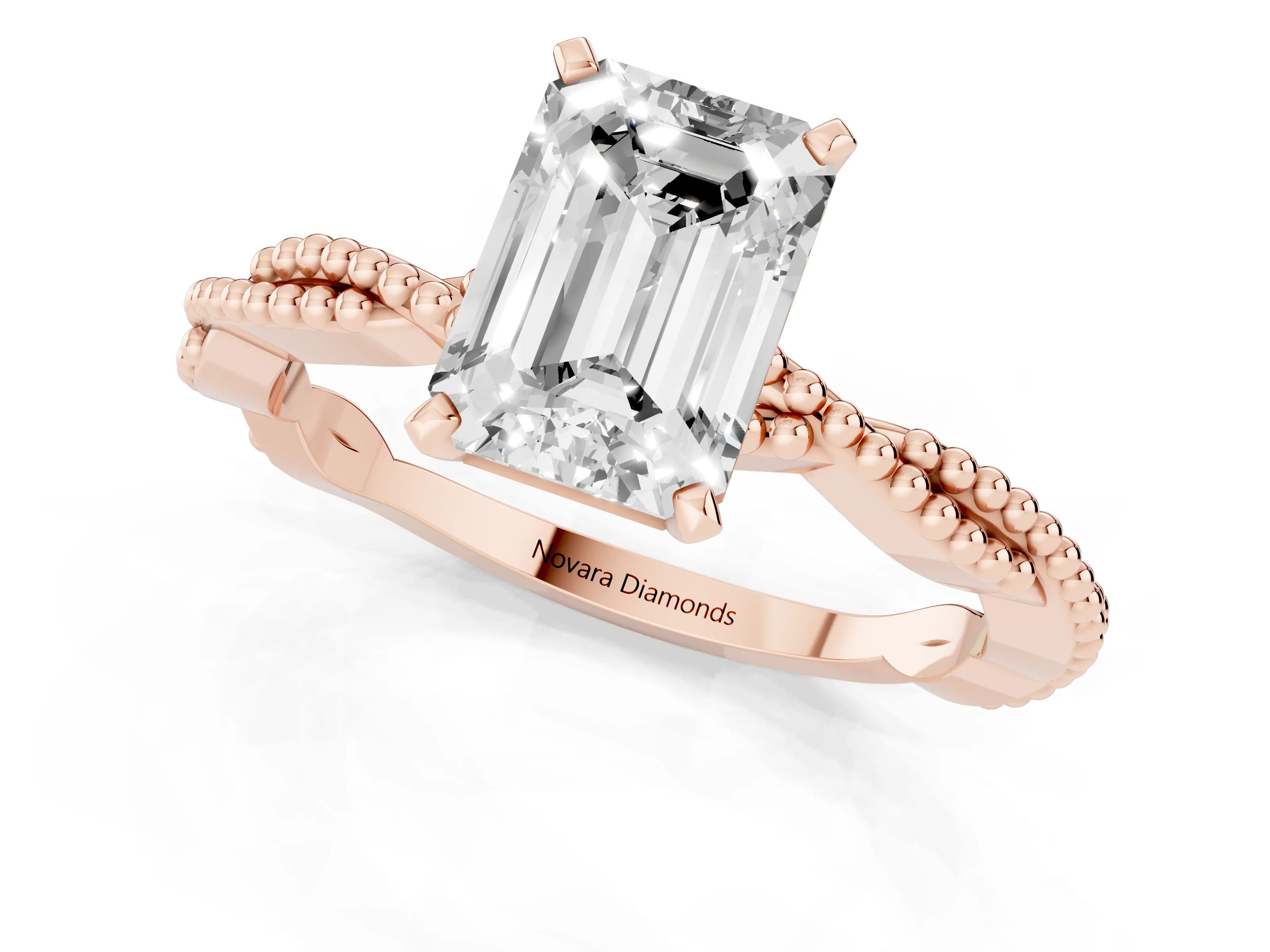 Emerald Cut Diamond Solitaire Ring Set in Rose gold with Twisted Band and Bead Prong Setting