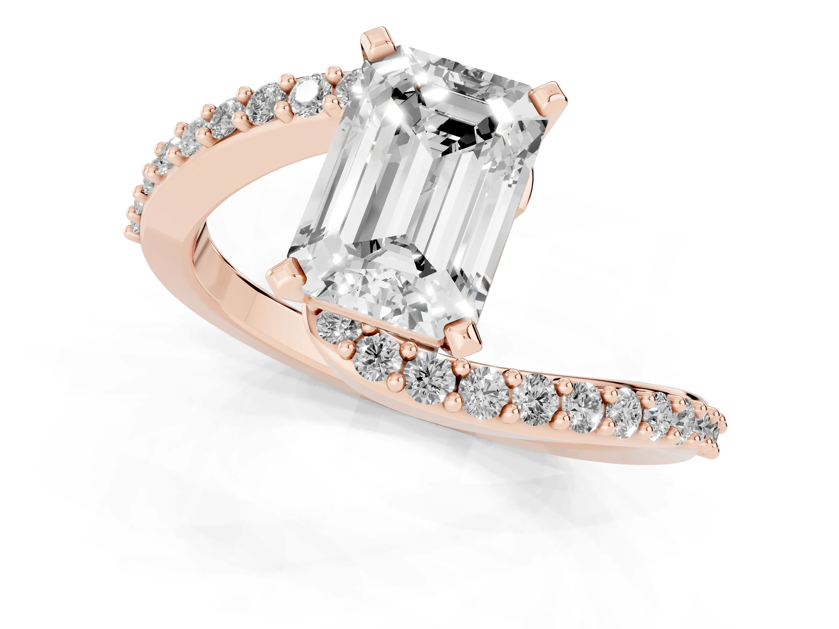 Emerald Cut Diamond Solitaire Ring Set in Rose gold with Pavé Twist Band and Prong Setting
