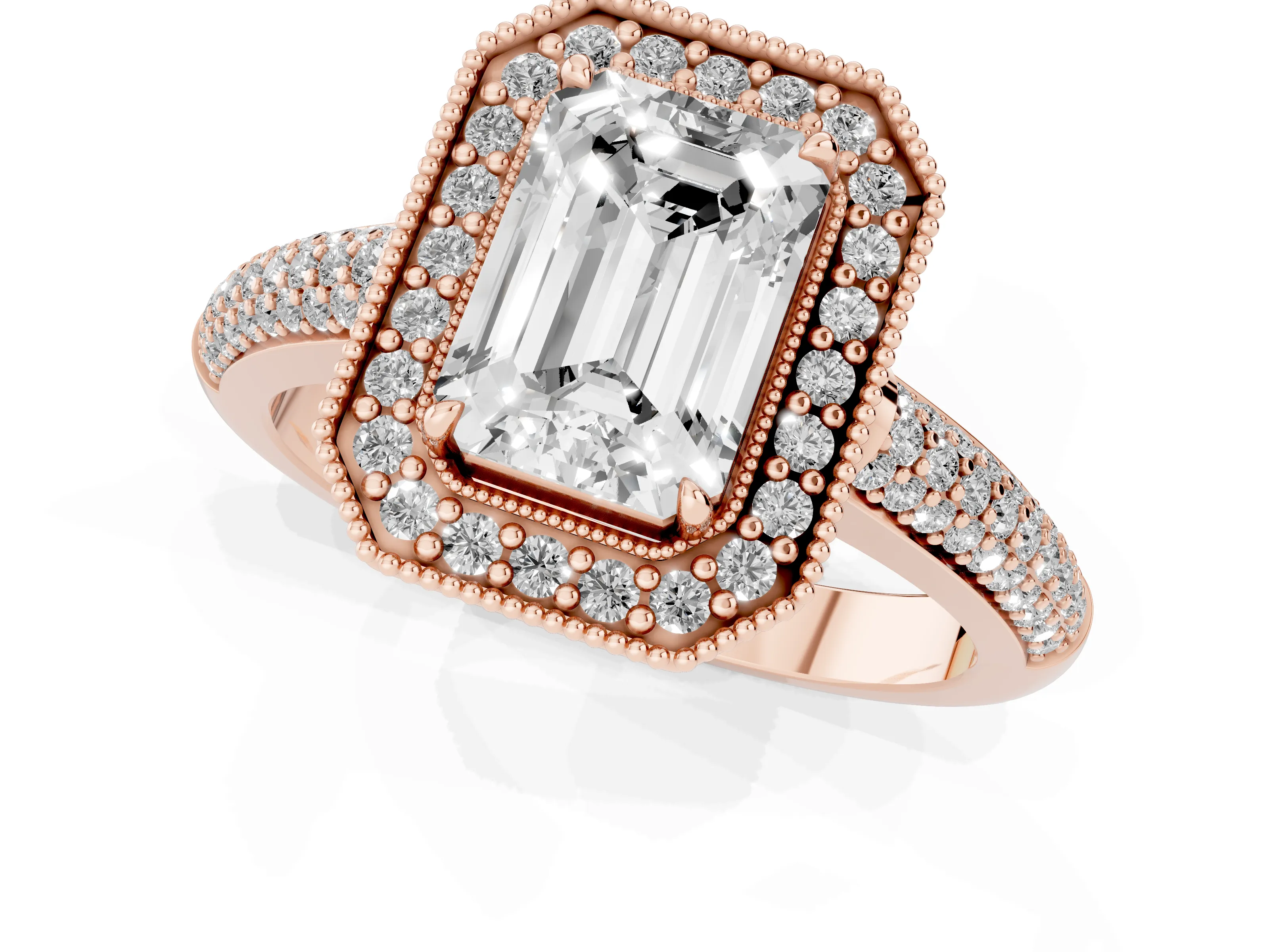 Emerald Cut Diamond Halo Pavé Band Set in Rose gold with Prong Setting