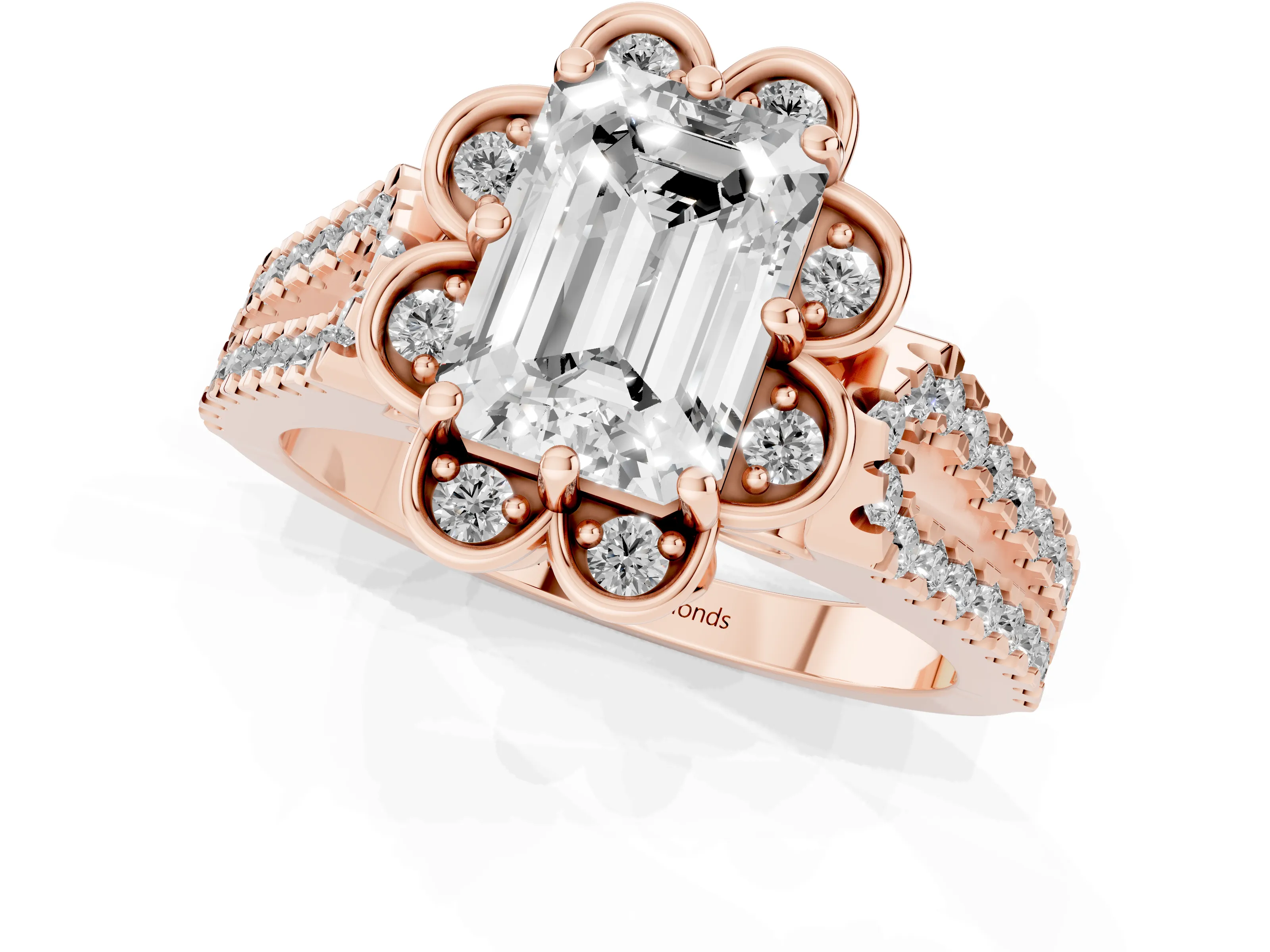Emerald Cut Diamond Floral Halo Split Shank Engagement Ring Set in Rose gold with Pavé Shank