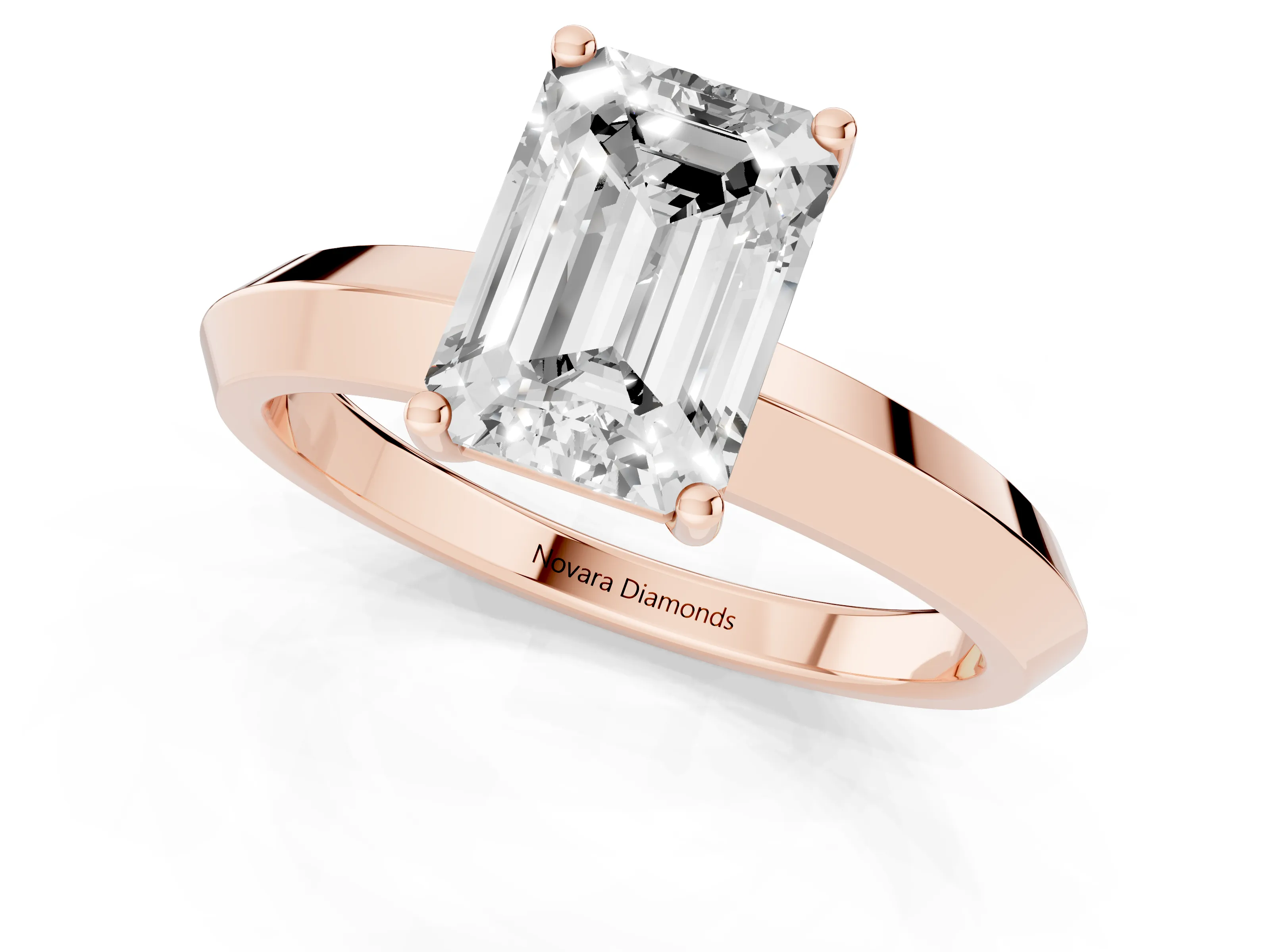 Emerald Cut Diamond Solitaire Engagement Ring Set in Rose gold with Flat Band and Prong Setting