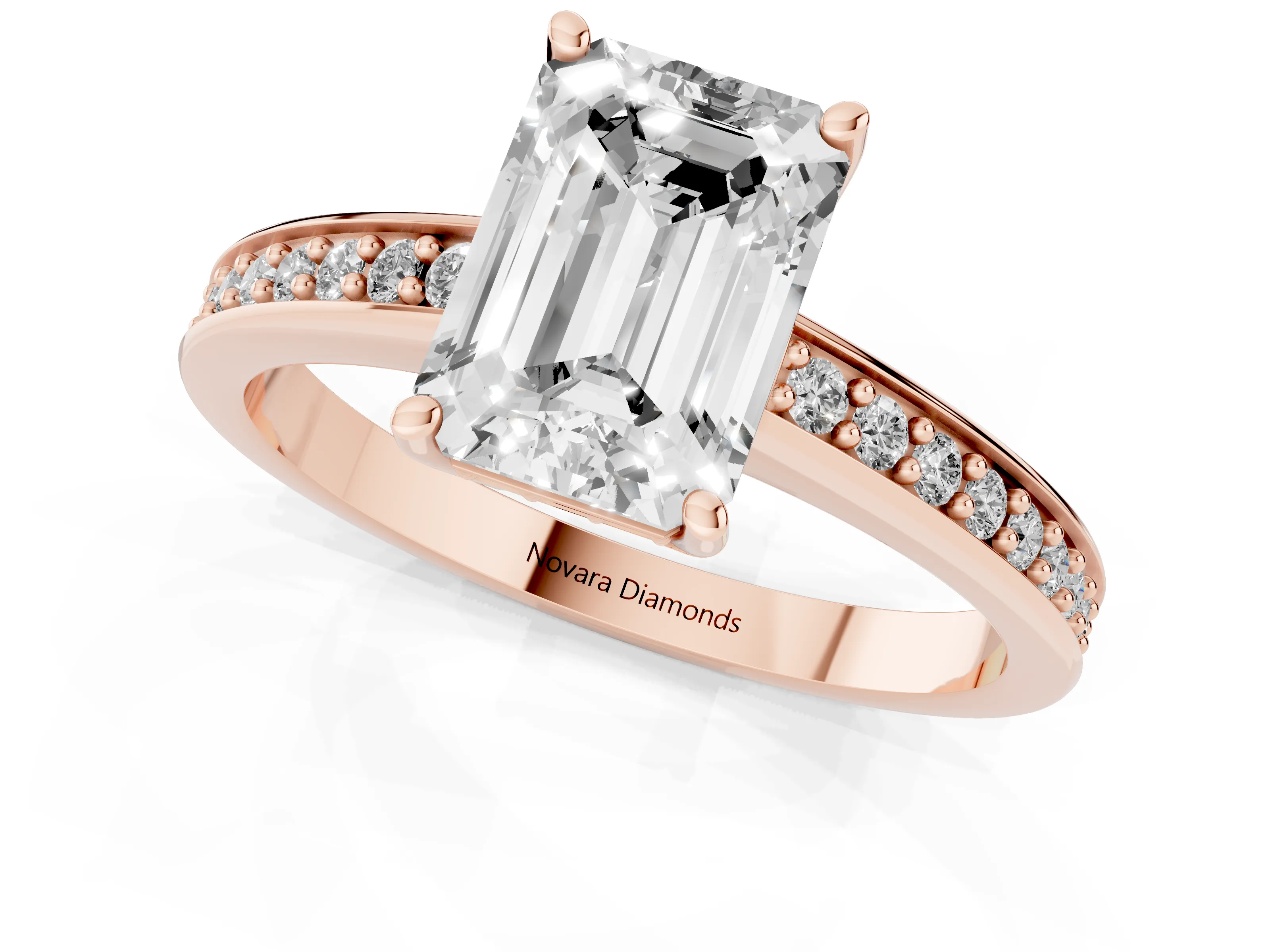 Emerald Cut Diamond Pavé Band Prong Set Solitaire Ring Set in Rose gold