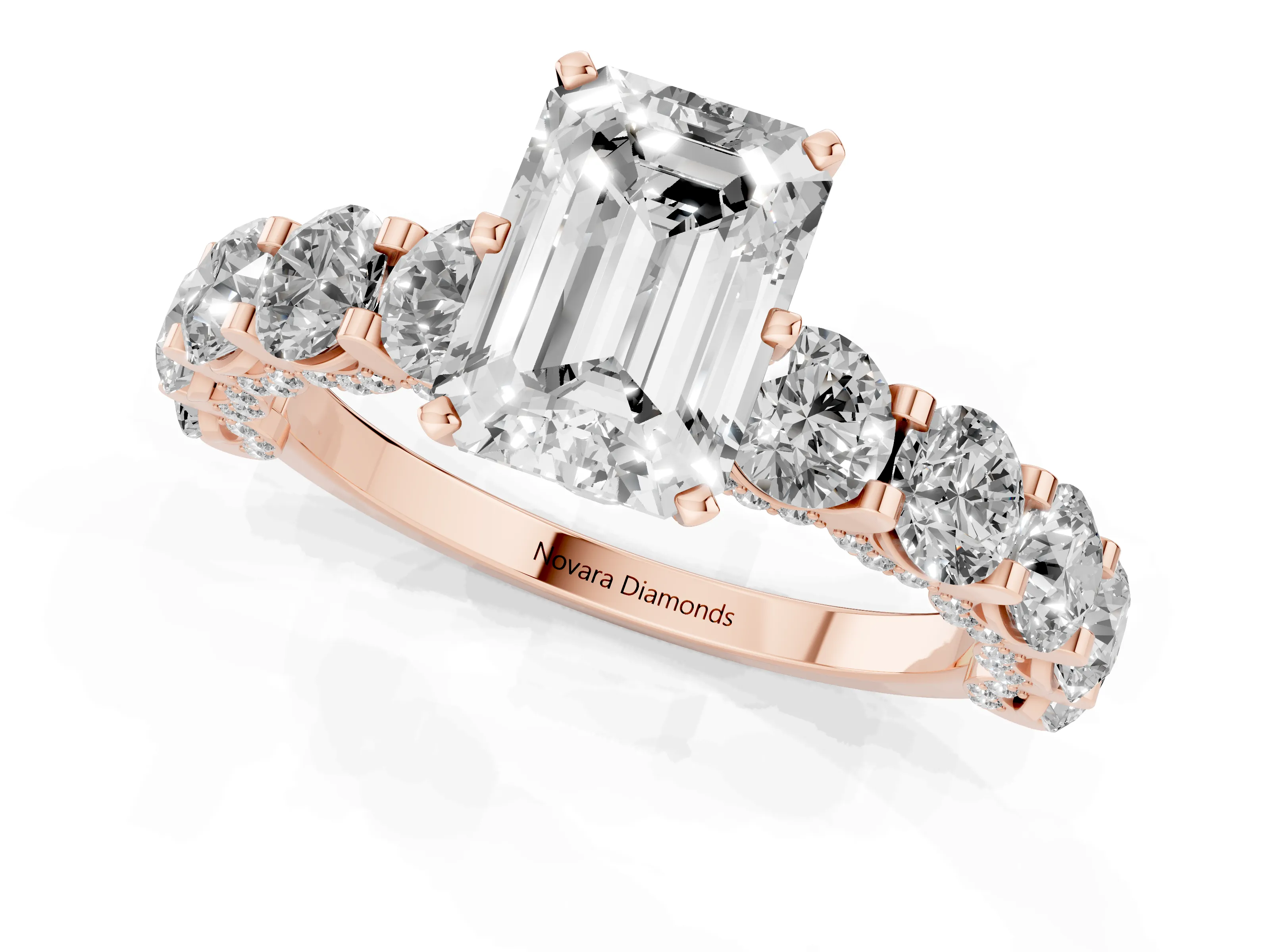 Emerald Cut Diamond Side Stone Ring Set in Rose gold with Alternating Round and Oval Side Stones – second view