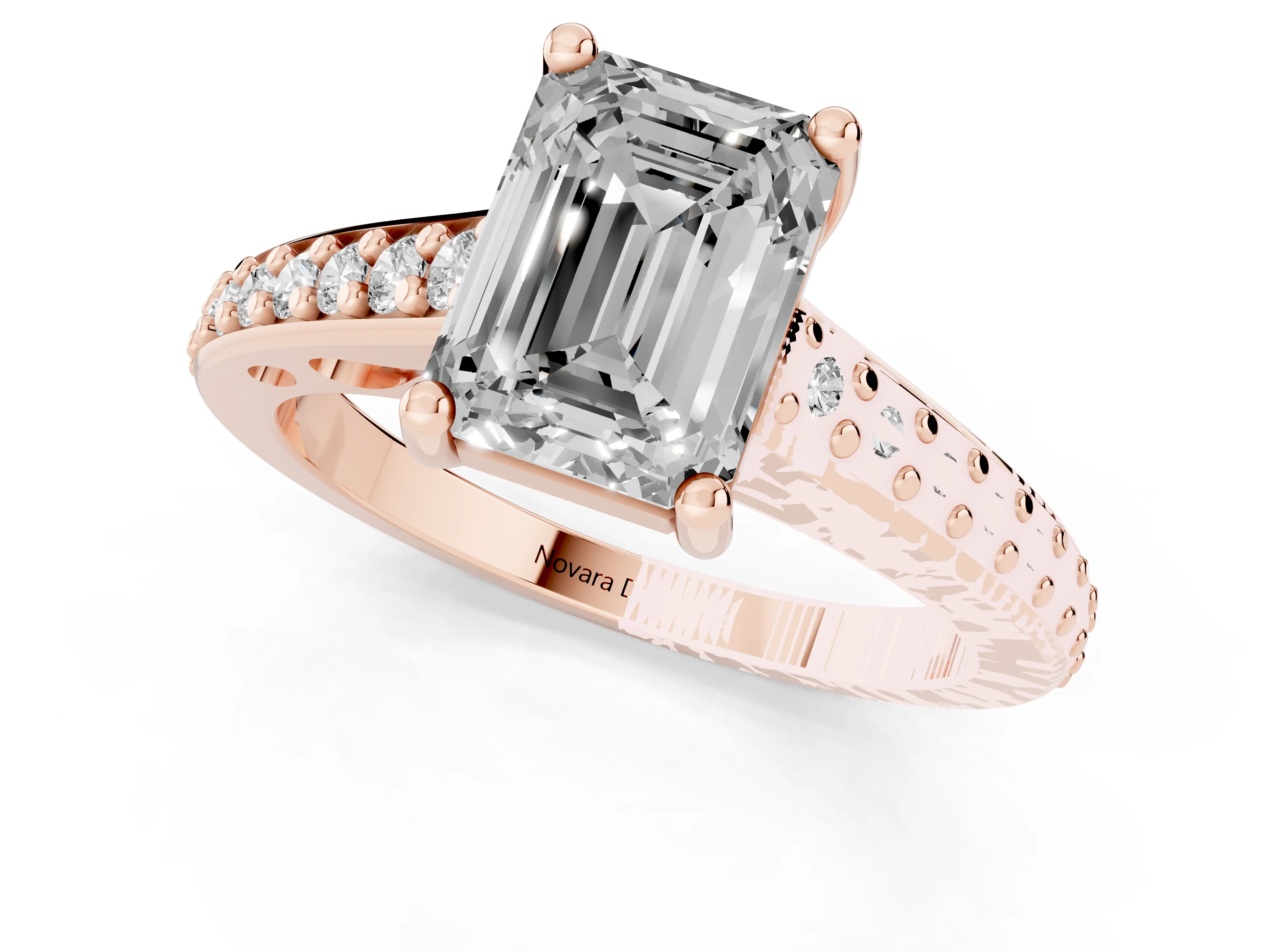 Emerald Cut Diamond Prong Set Solitaire Engagement Ring Set in Rose gold with Pavé Band