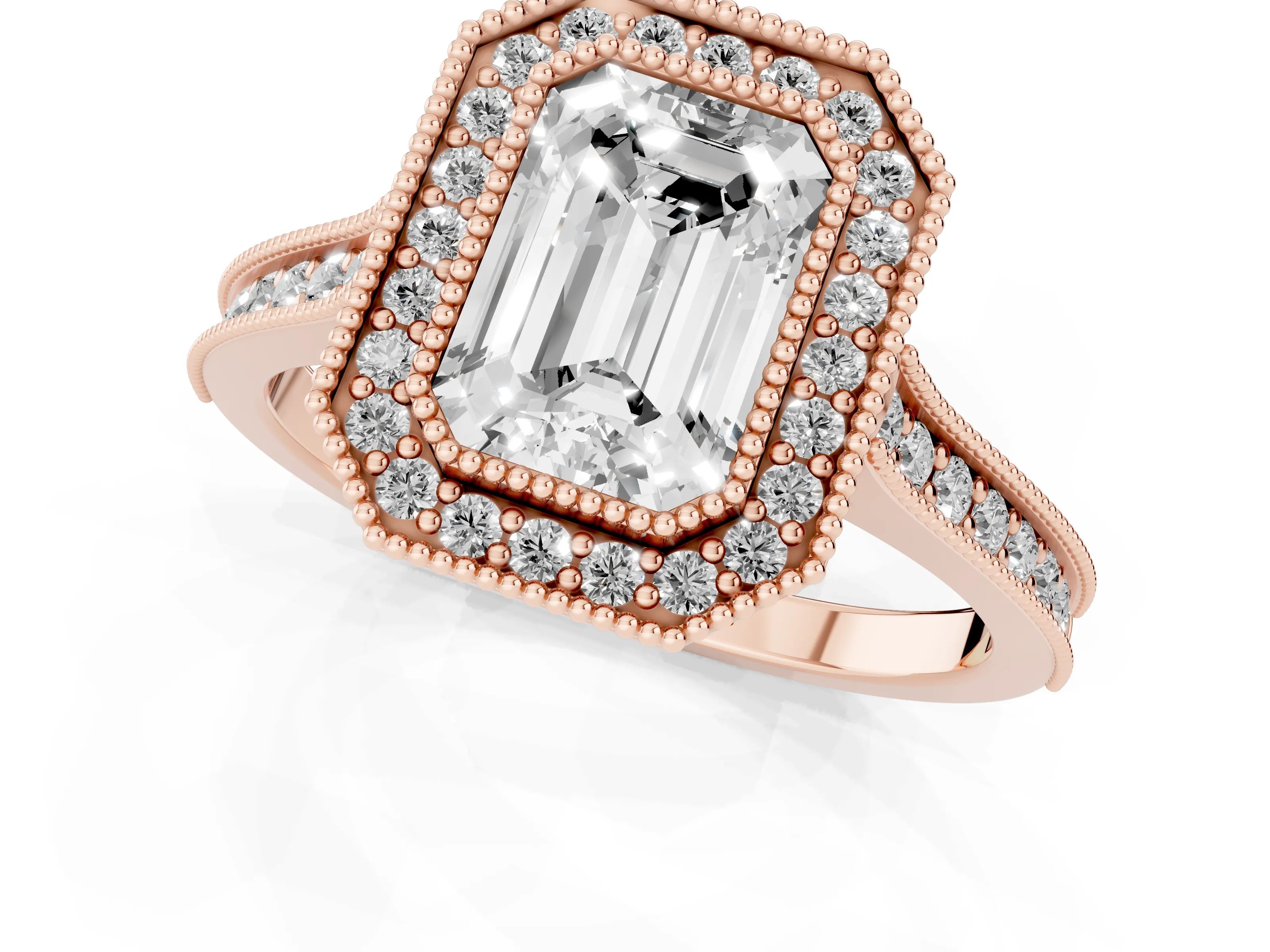 Emerald Cut Diamond Halo Milgrain Pavé Band Ring Set in Rose gold with Prong Setting