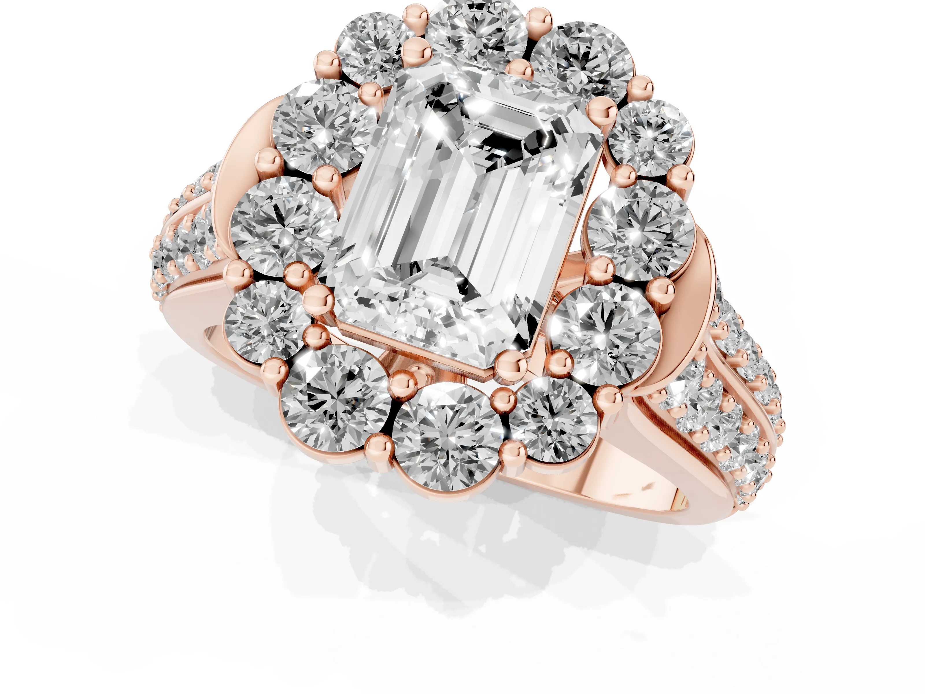Emerald Cut Diamond Halo Engagement Ring Set in Rose gold with Split Shank and Prong Setting