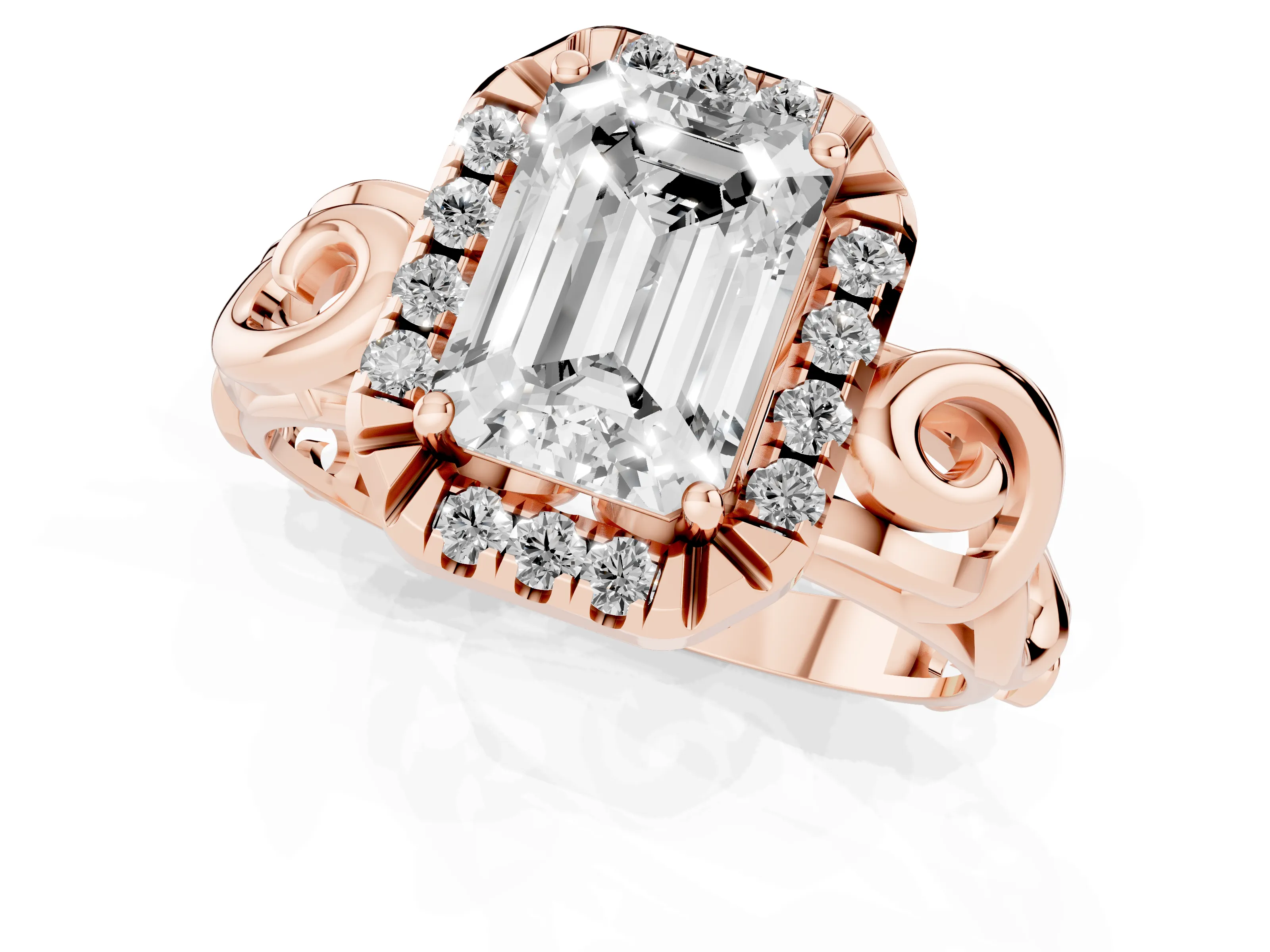 Emerald Cut Vintage Filigree Halo Engagement Ring Setting | Scroll Shoulders | Rose Gold