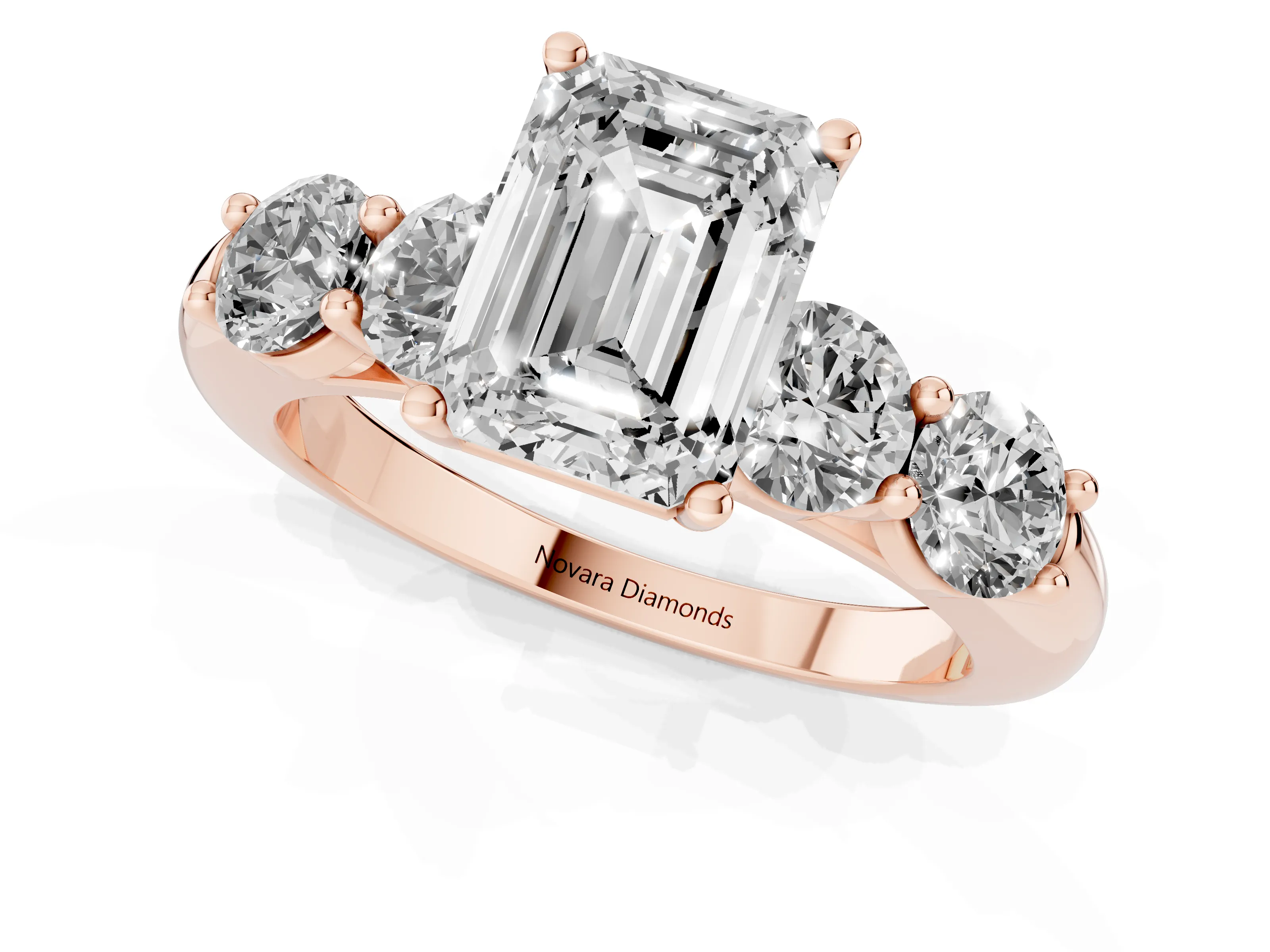 Emerald Cut Diamond Five-Stone Prong Set Ring Set in Rose gold with Classic Band
