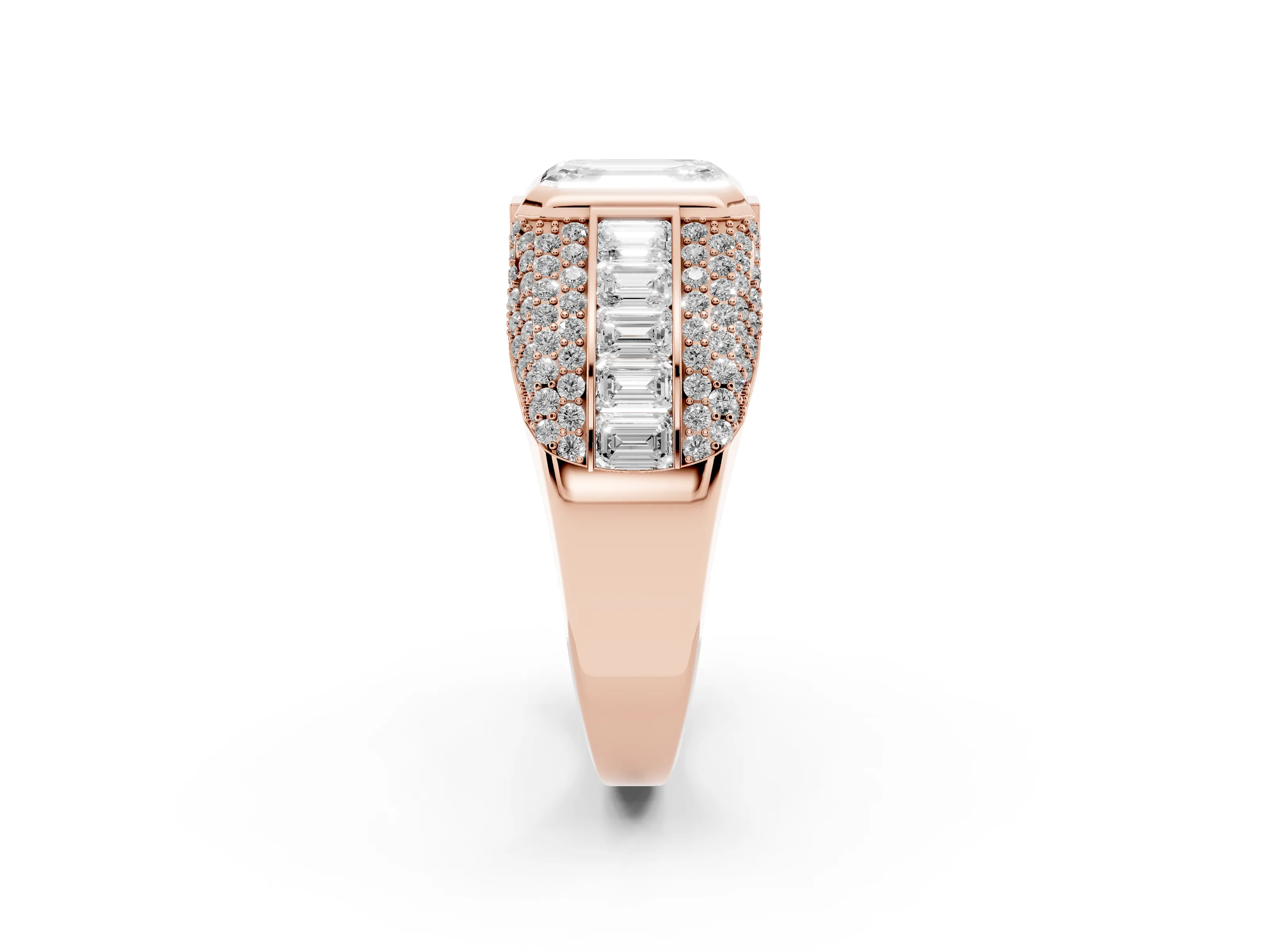 Emerald Cut Diamond Mens Ring Set in Rose gold with Structured Side Stones and Pavé Shoulders