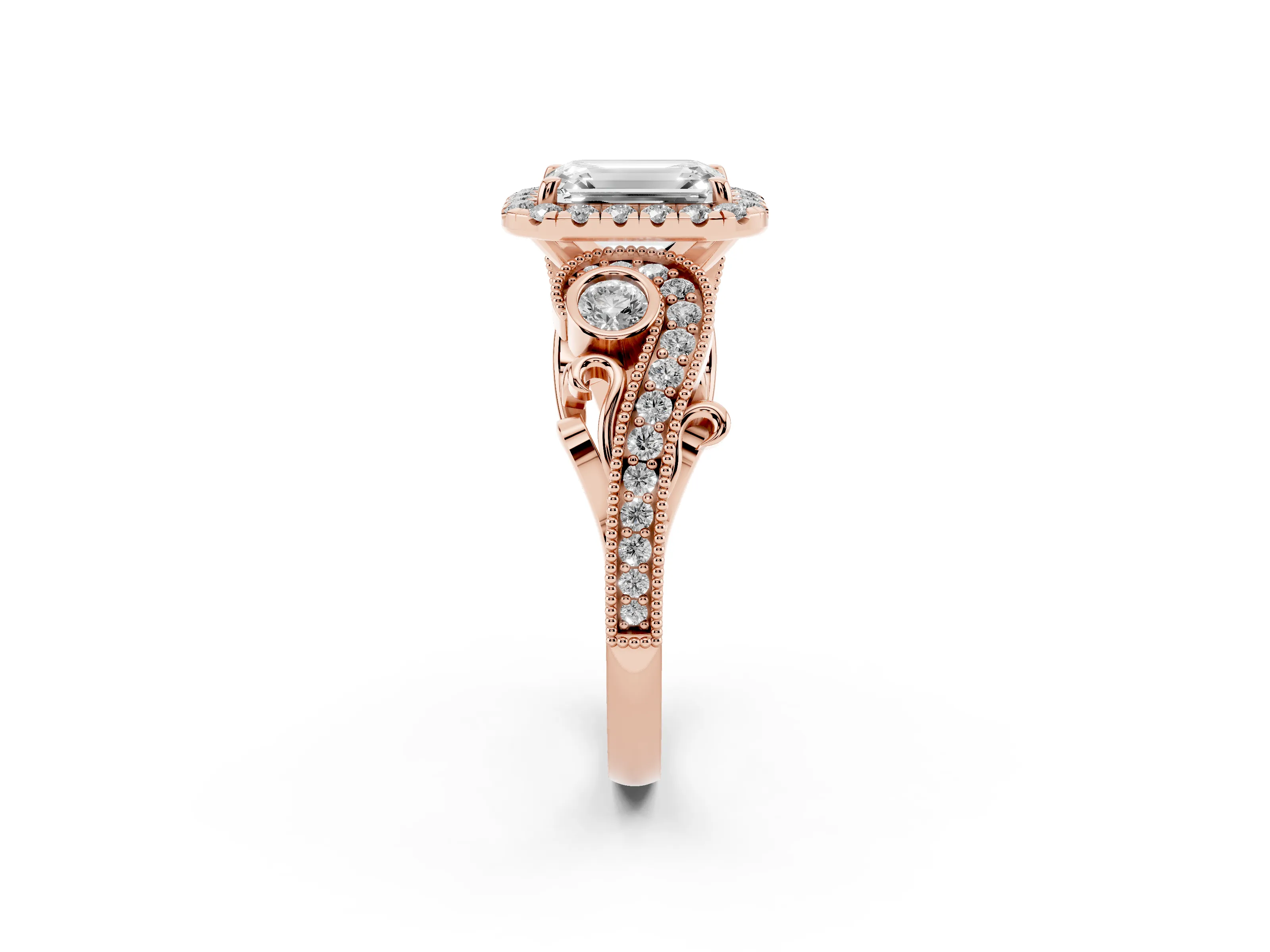 Emerald Cut Diamond Halo Ring Set in Rose gold with Milgrain Pavé Band and Prong Setting