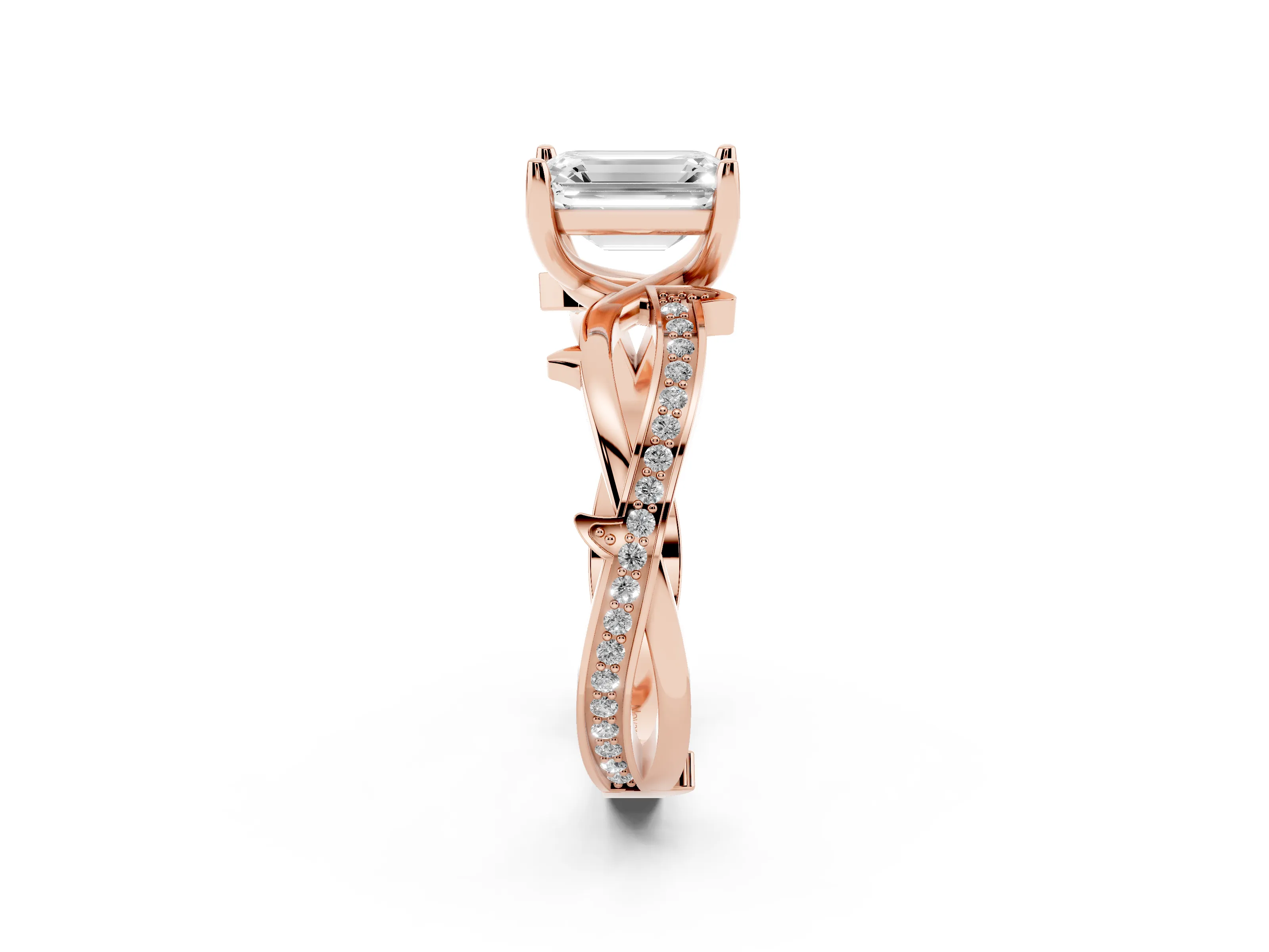 Emerald Cut Diamond Pavé Twist Band Solitaire Ring Set in Rose gold with Prong Setting