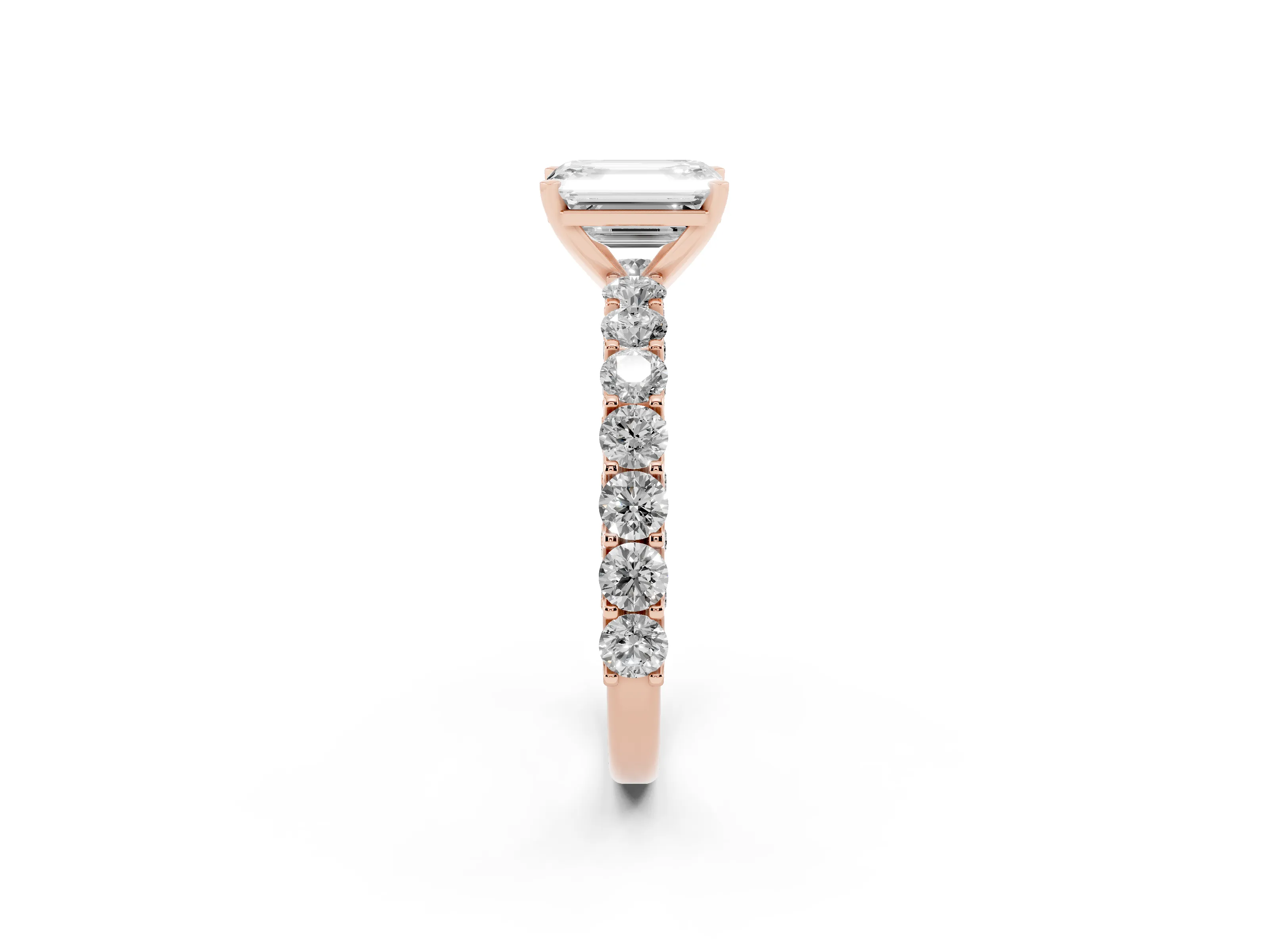 Emerald Cut Diamond Solitaire Ring Set in Rose gold with Shared Prong Pavé Band