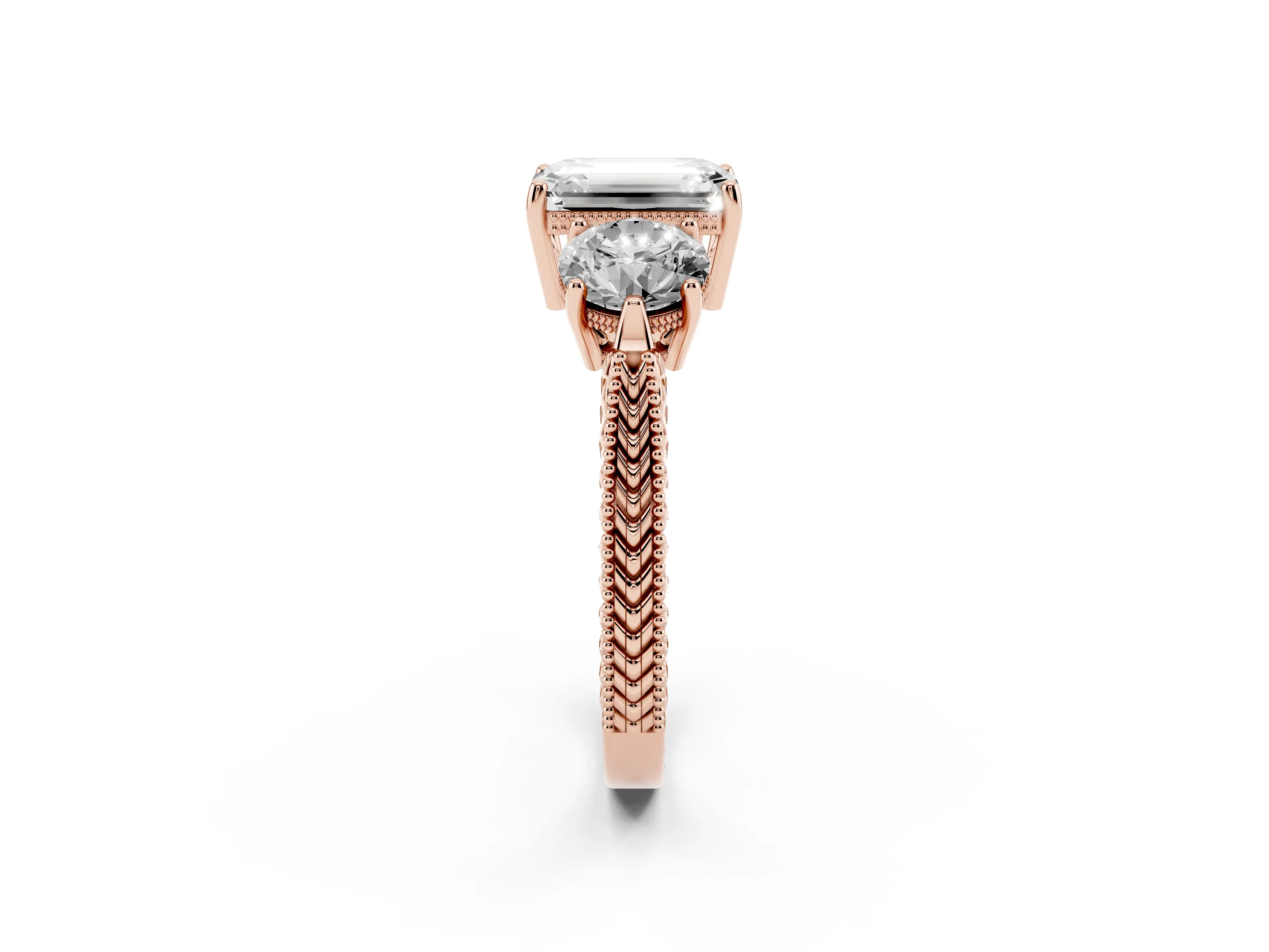 Emerald Cut Diamond Three-Stone Ring Set in Rose gold with Milgrain Band