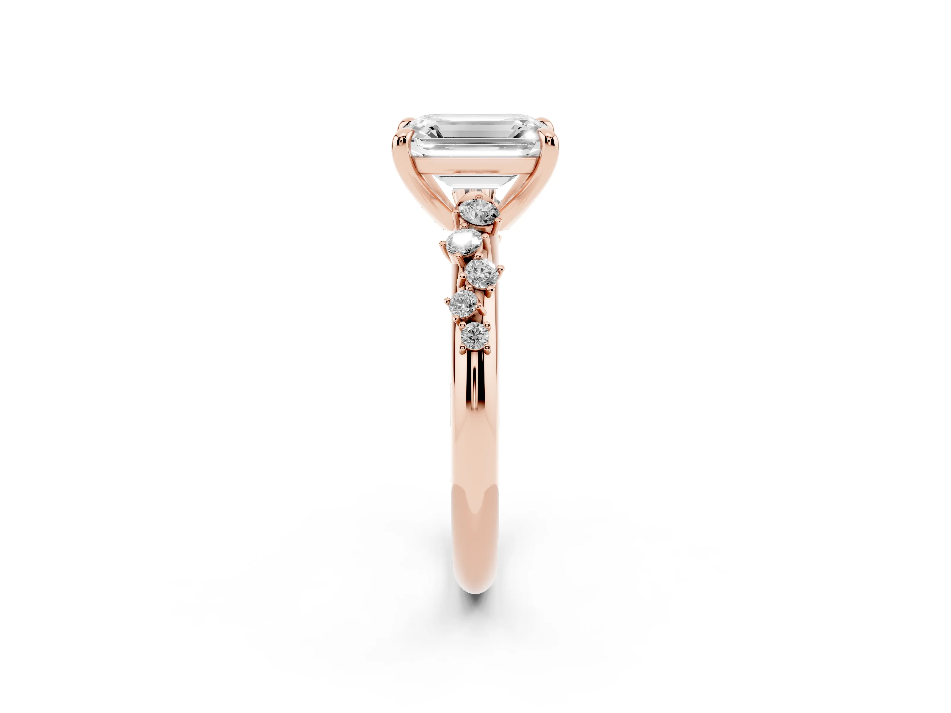 Emerald Cut Diamond Solitaire Vine Band Ring Set in Rose gold with Round Accents and Prong Setting