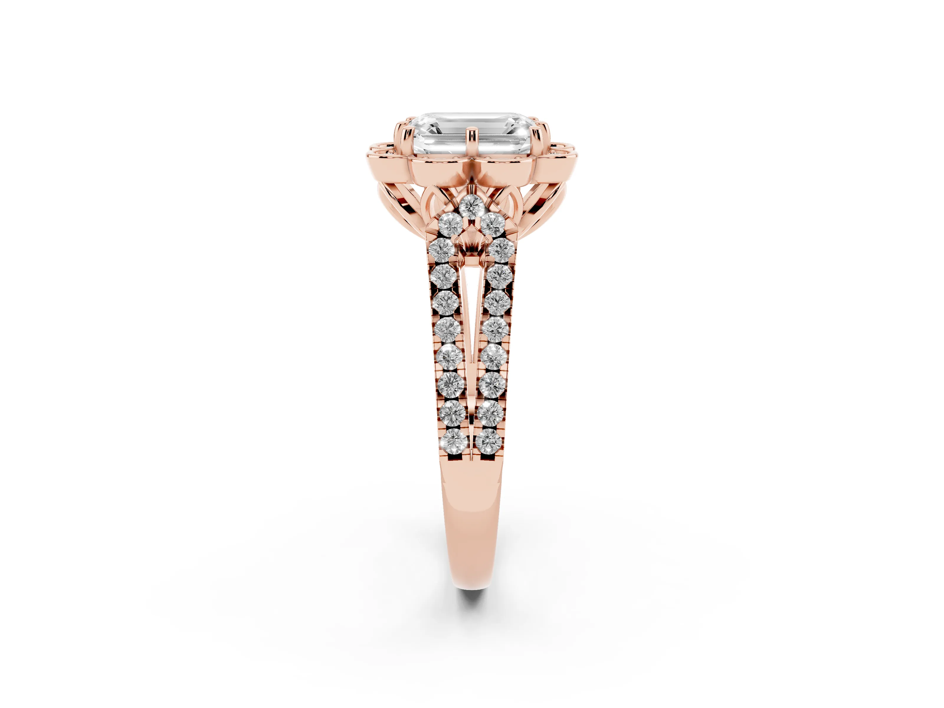 Emerald Cut Diamond Floral Halo Split Shank Engagement Ring Set in Rose gold with Pavé Shank