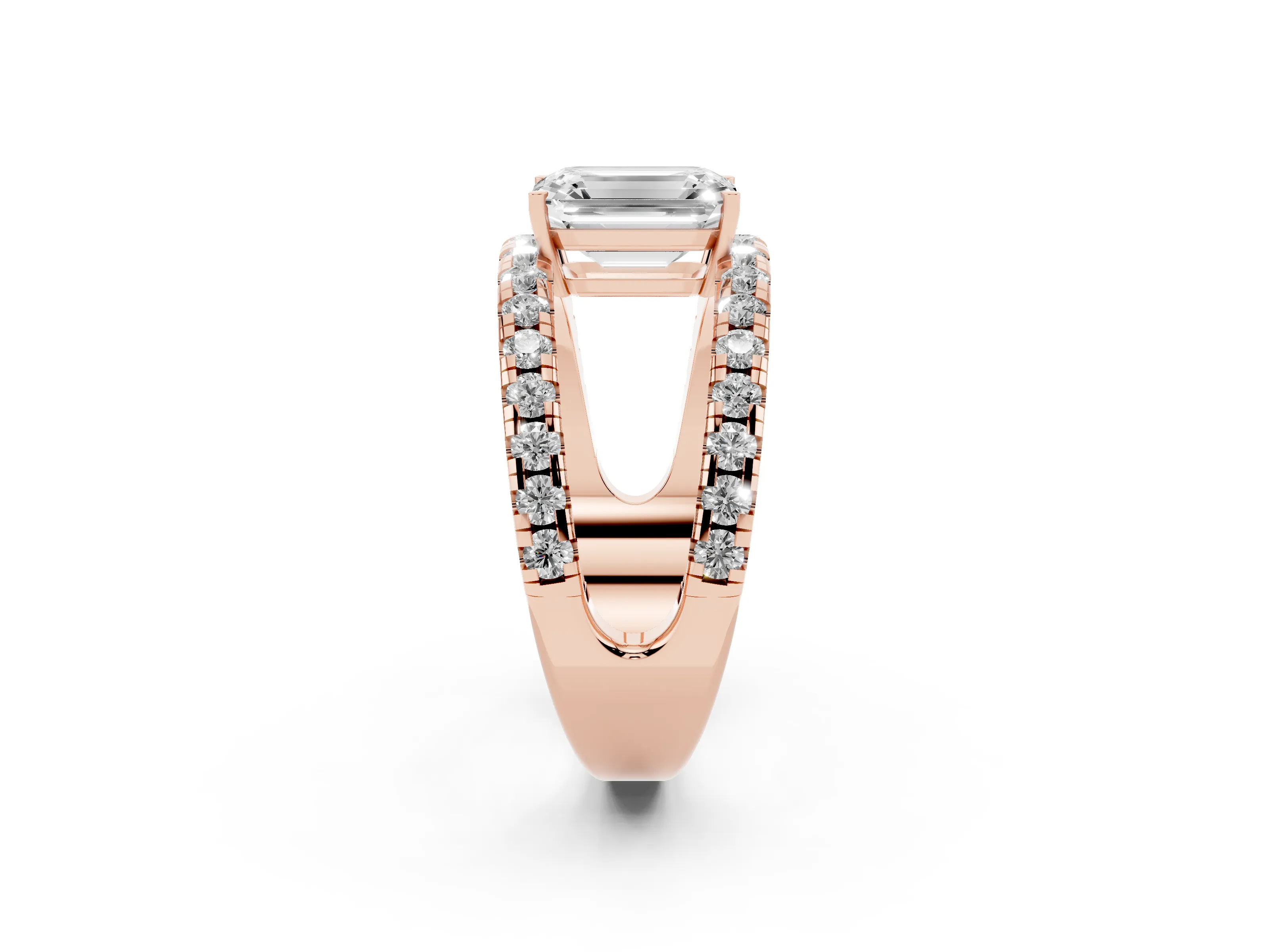 Emerald Cut Diamond Split Shank Pavé Solitaire Ring Set in Rose gold with Open Shank Design